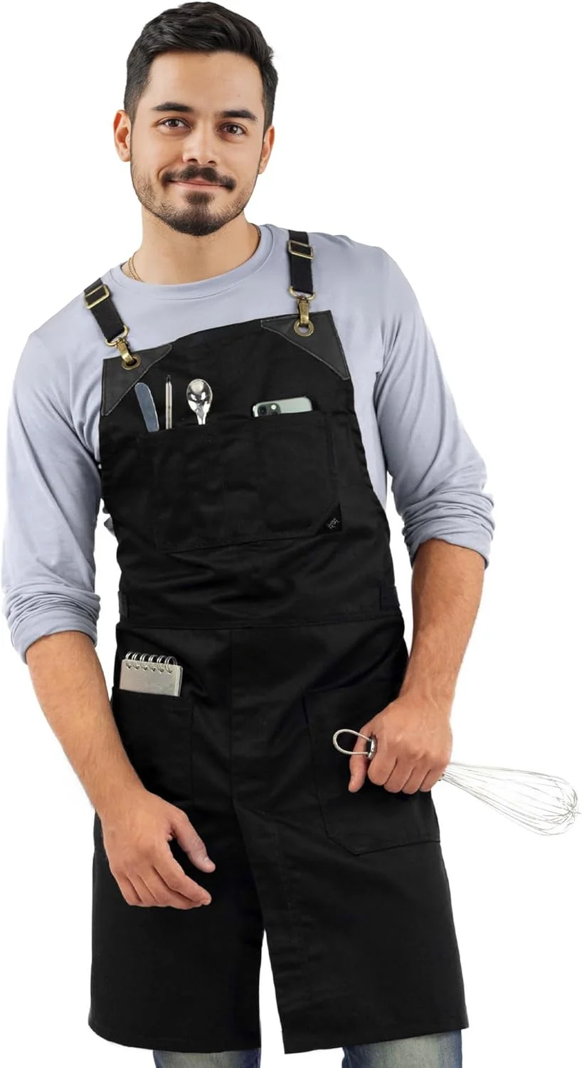User-Friendly Under NY Sky Cross-Back Deep Black Apron – Durable Twill with Leather Reinforcement and Split-Leg – Adjustable for Men and Women – Pro Chef Tattoo Casual