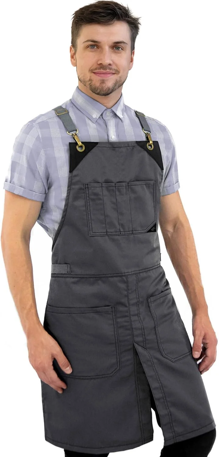 Luxury Under NY Sky Cross-Back Slate Gray Apron – Durable Denim with Leather Reinforcement and Split-Leg – Adjustable for Men and Women – Pro Chef Tattoo Powerful
