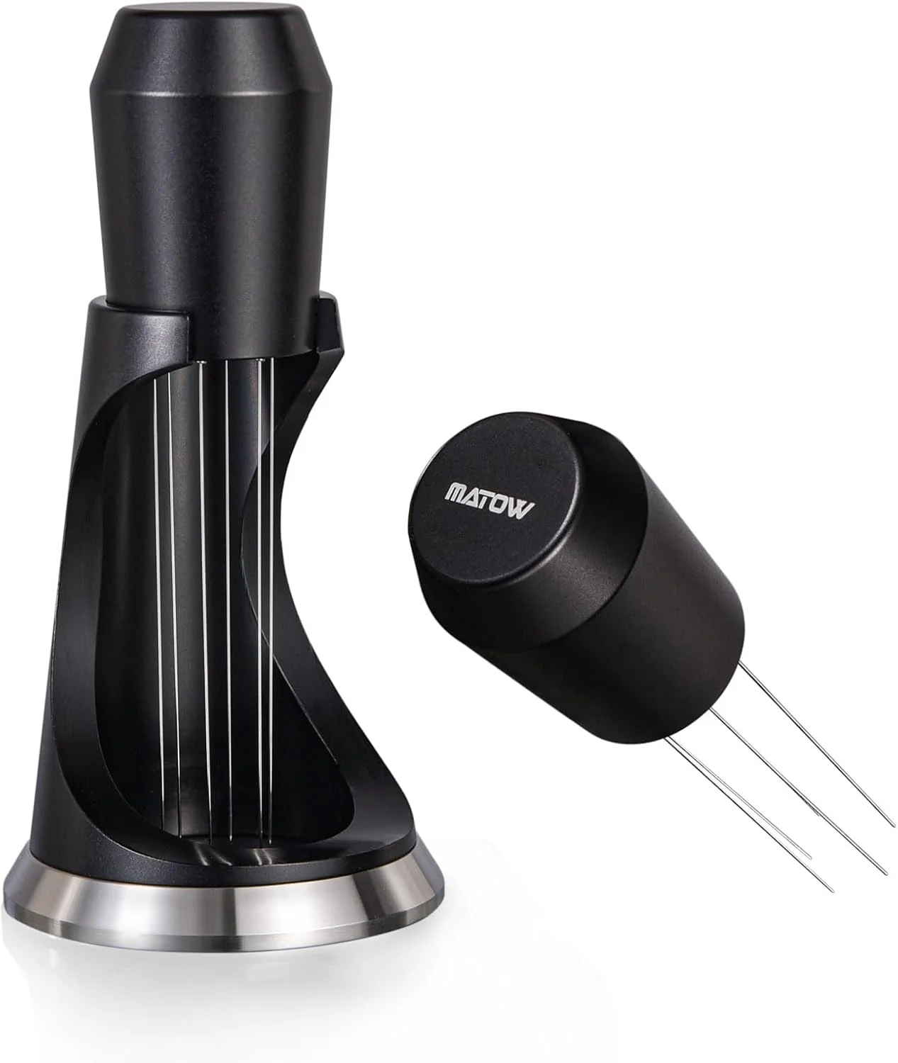 Eco-Friendly MATOW 6 Prong WDT Espresso Tool with Weighted Stand 0.4mm Thin Pins Anodized Aluminum Handle Self Aligning Catch Tray Stand Reduce Channeling Smooth