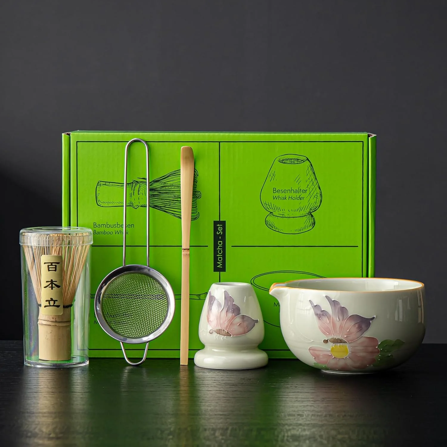 Fashionable Matcha Set Matcha Whisk Set Includes Hand-Drawn Matcha Bowl with Spout Bamboo Whisk Matcha Whisk Holder Bamboo Scoop Sifter – 5pcs Matcha Kit for Matcha Tea Ceremony Advanced