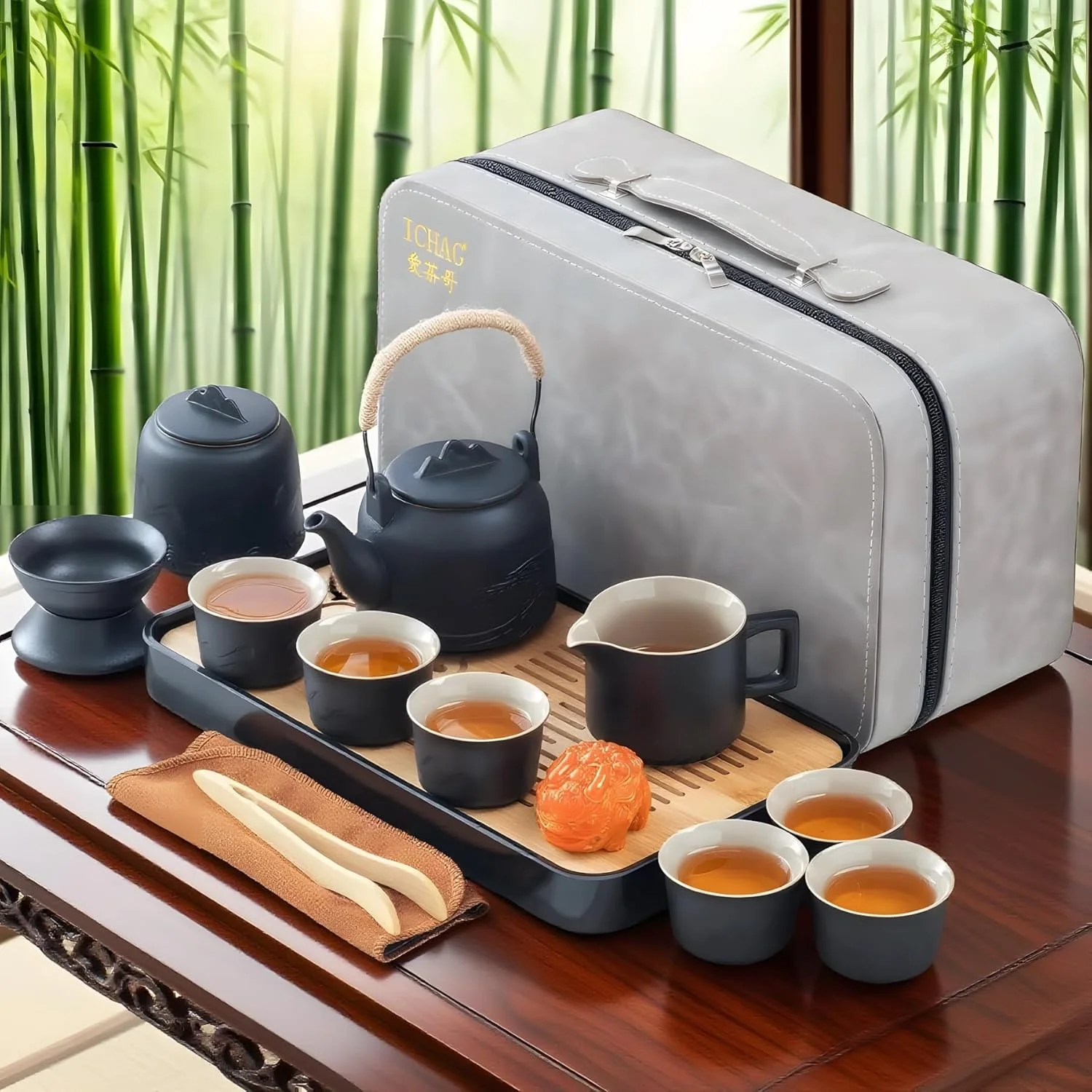 Specialty Ichag Chinese Tea Set Japanese Tea Sets for Adults 15-Piece Porcelain Gongfu Tea Set with Tea Pet Tea Tray Japanese Teapot Set Healthy