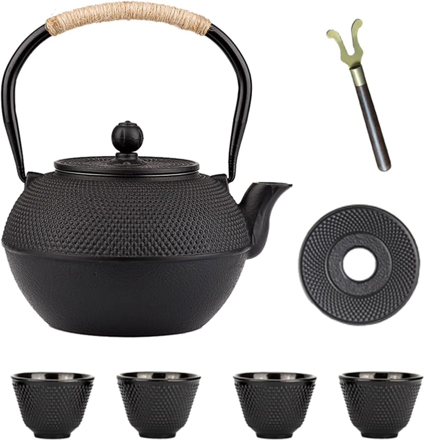 Modern YJX 40.6oz Black Cast Iron Tea Pot Set with Teacups Japanese Tetsubin Luxury