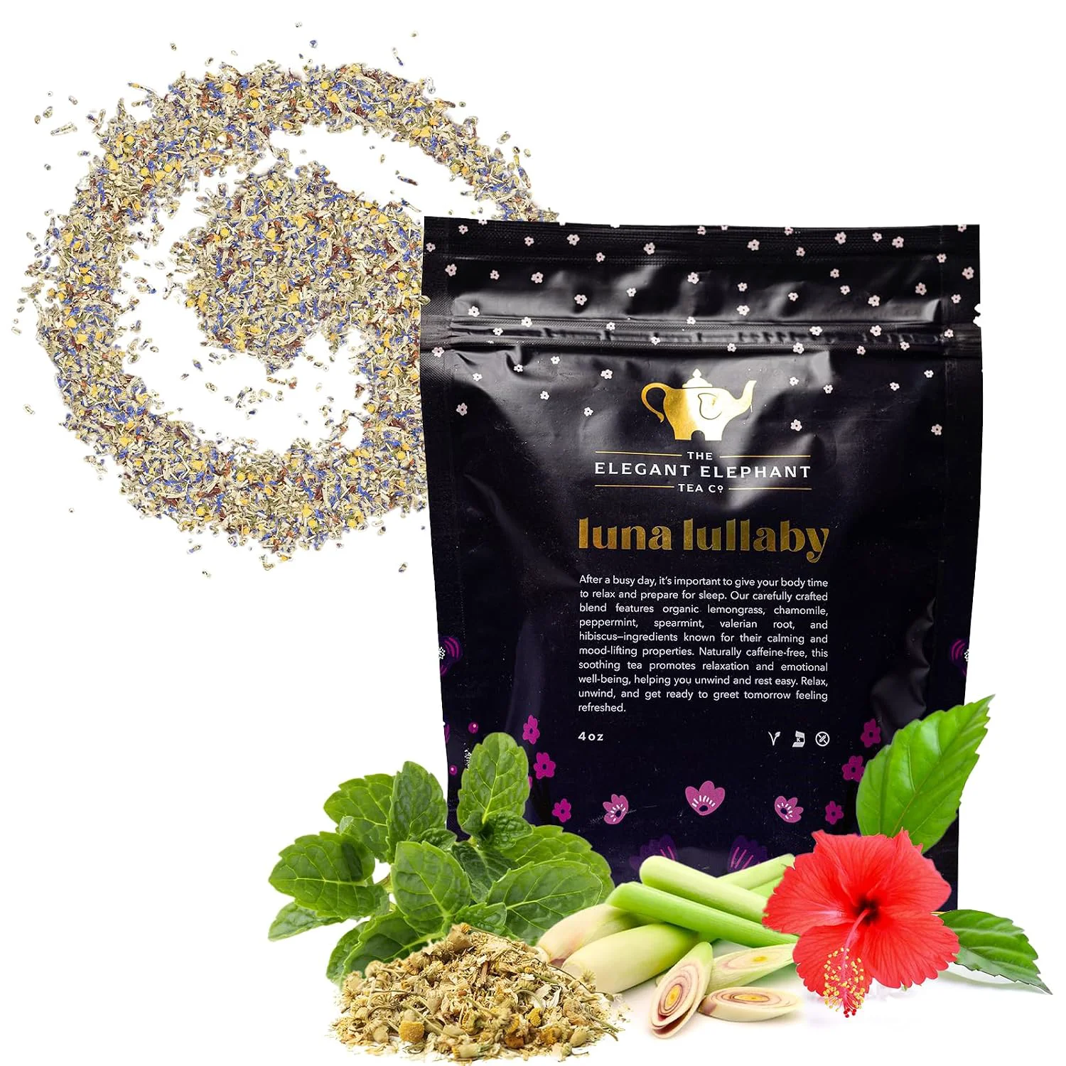 Original Design Luna Lullaby Sleep Tea Organic Loose Leaf Herbal Tea – Calming Relaxing Bedtime Tea – Chamomile Valerian Root Peppermint – 4 oz Resealable Bag Makes 50 Cups – The Elegant Elephant Natural