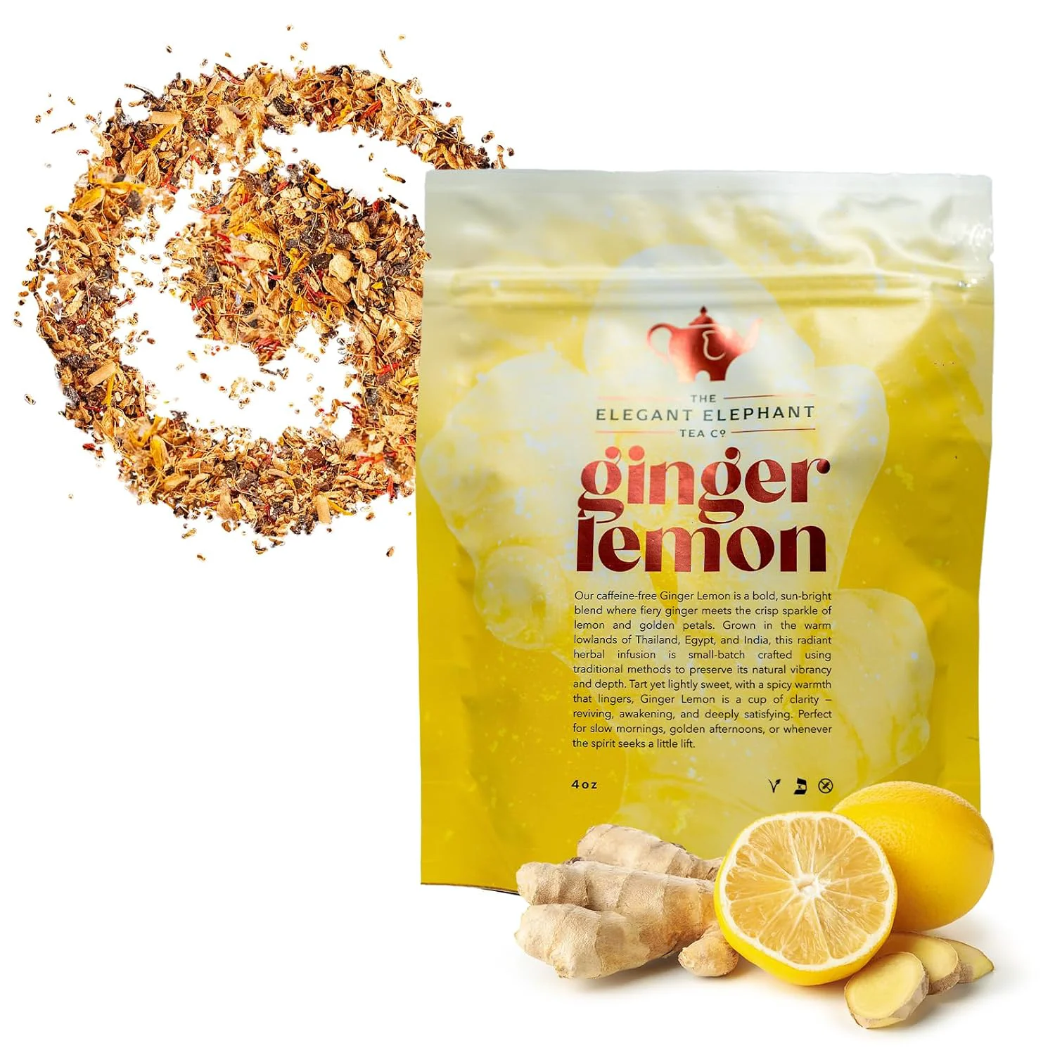 Sophisticated Ginger Lemon Tea Loose Leaf Herbal Tea – Helps Reduce Nausea and Motion Sickness – Detox amp Immunity Support – Drink Hot or Iced – 4 oz Resealable Bag Makes 50 Cups – The Elegant Elephant Classic
