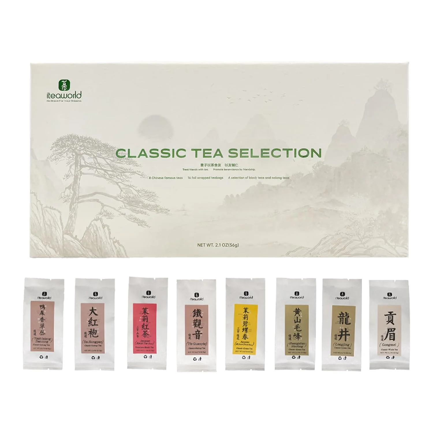 Excellent iTeaworld Loose Leaf Chinese Tea Sampler 8 Flavors Oolong Tea Jasmine Flower Tea Green Tea and White Tea Each Flavor Comes With 2 Packs Of Loose Leaf Tea Sampler With Mediumly Caffeinated Sugar for Health 2.1oz Up to 200 Cups Longjing Jasm World-Class