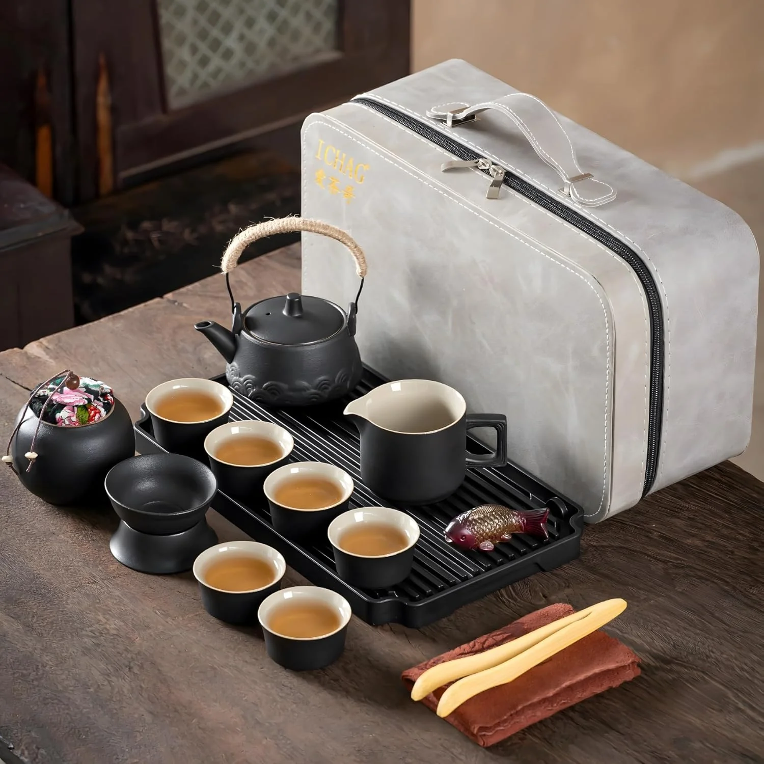 Certified Ichag Japanese Tea Set Chinese Tea Sets for Adults 15-Piece Porcelain Gongfu Tea Set with Tea Pet Tea Tray Japanese Teapot Set Responsible
