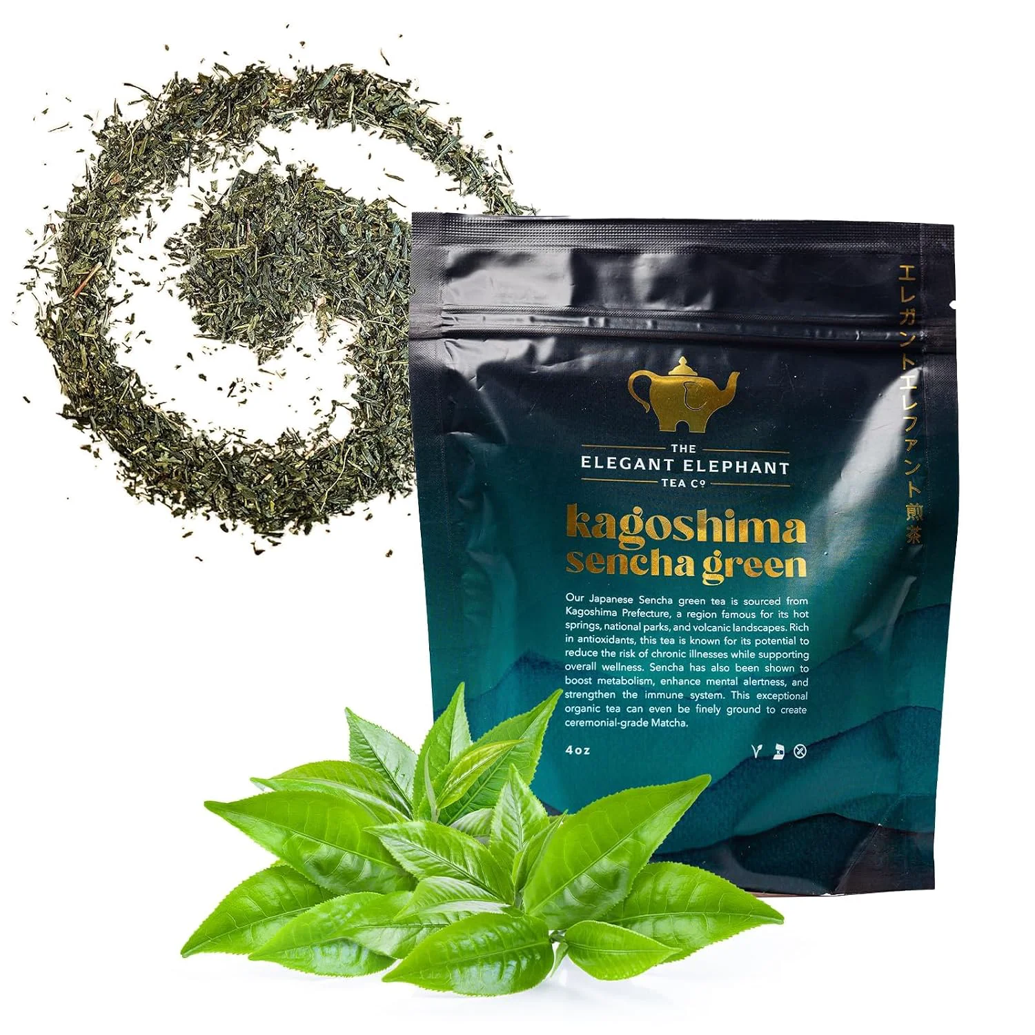Luxury Japanese Sencha Green Tea Organic Loose Leaf Sencha Tea – Antioxidant amp Detox Support – Refreshing Hot or Iced Green Tea – 4 oz Resealable Bag Makes 50 Cups – The Elegant Elephant Proven