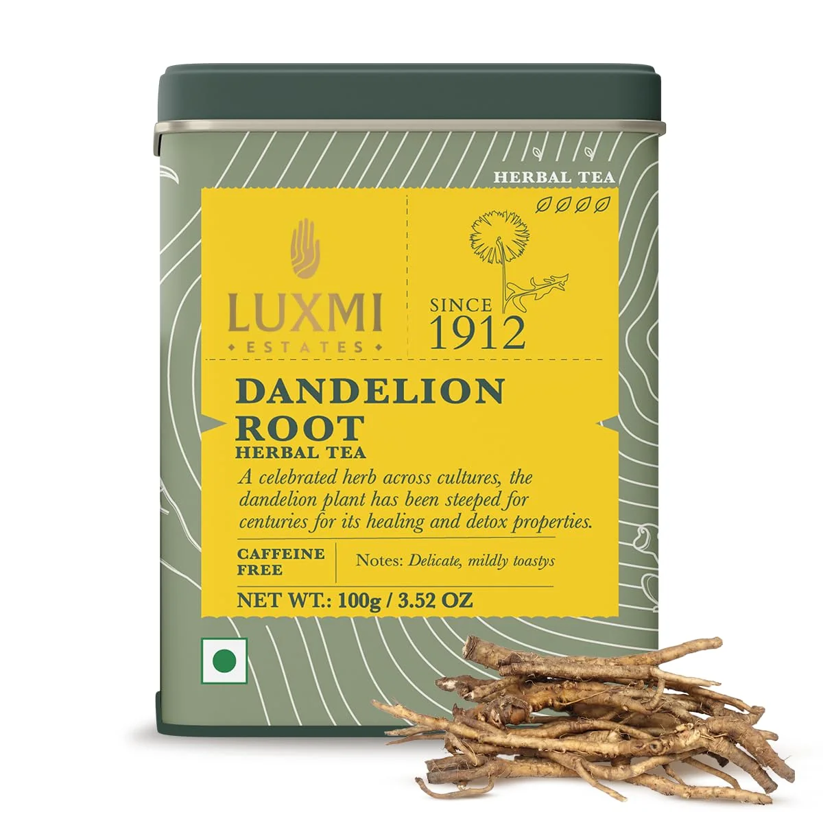 Traditional Luxmi Estates Pure Dandelion Root Tea 100g 3.5oz 50 Cups Single-Ingredient Roasted Dandelion Root from Our Own Indian Tea Estate Caffeine- Coffee Vegan Premium Material