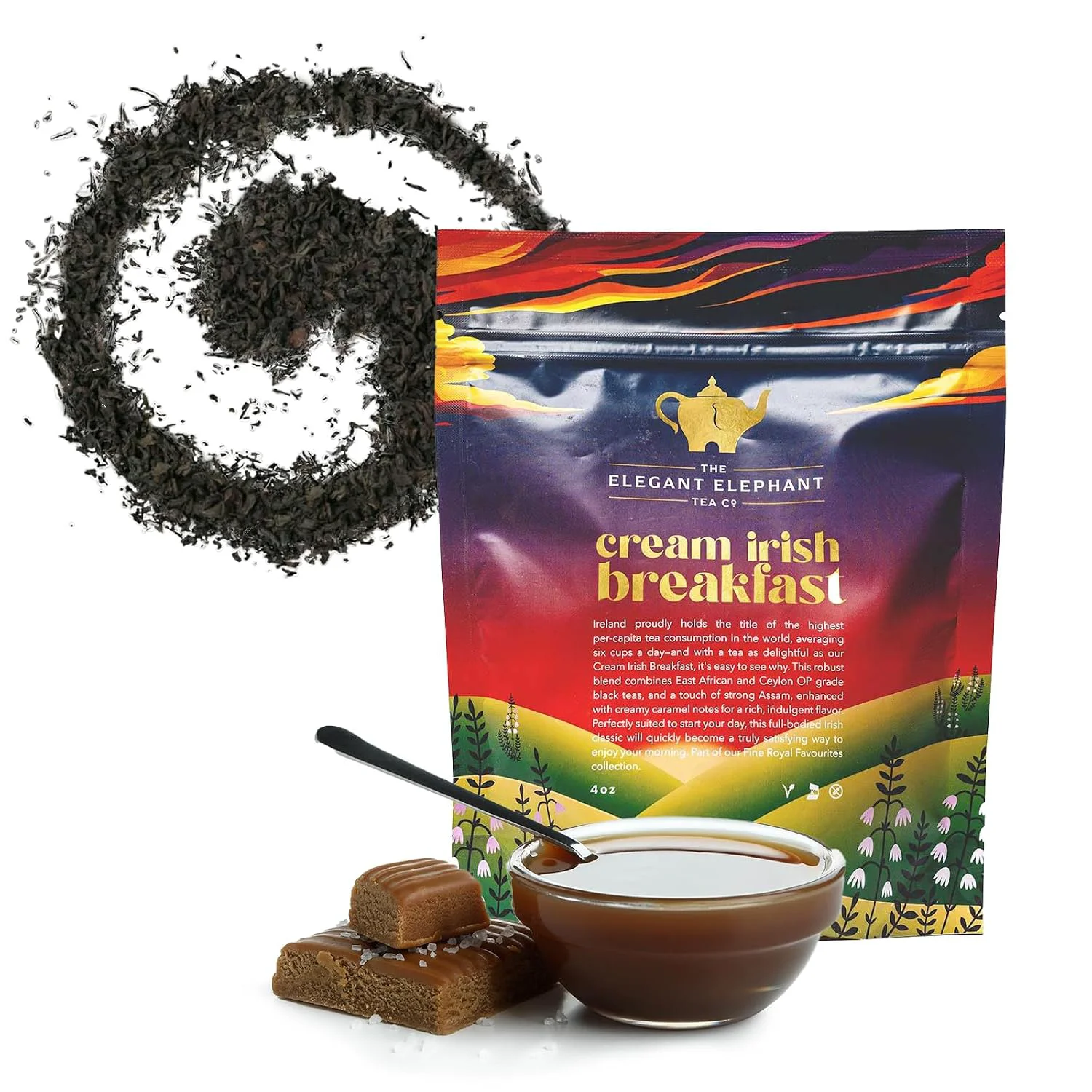 Environmentally Friendly Cream Irish Breakfast Tea Loose Leaf Black Tea – Irish Classic with Caramel amp Strong Assam – Robust Full-Bodied – Drink Hot or Iced – 4 oz Resealable Bag Makes 50 Cups – The Elegant Elephant Reusable
