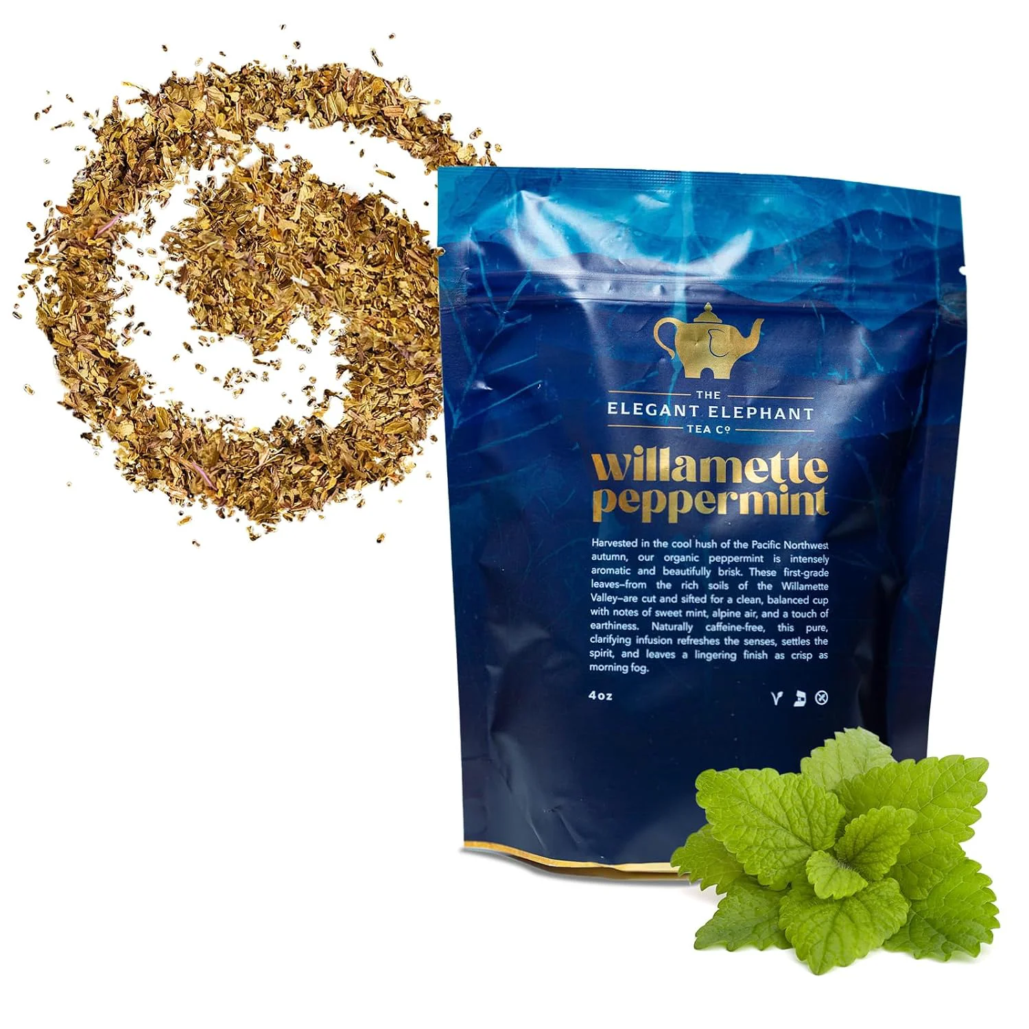 Verified Willamette Peppermint Tea Organic Loose Leaf Mint Herbal Tea – Soothing Caffeine- – Refreshing Hot or Iced – 4 oz Resealable Bag Makes 50 Cups – The Elegant Elephant Durable
