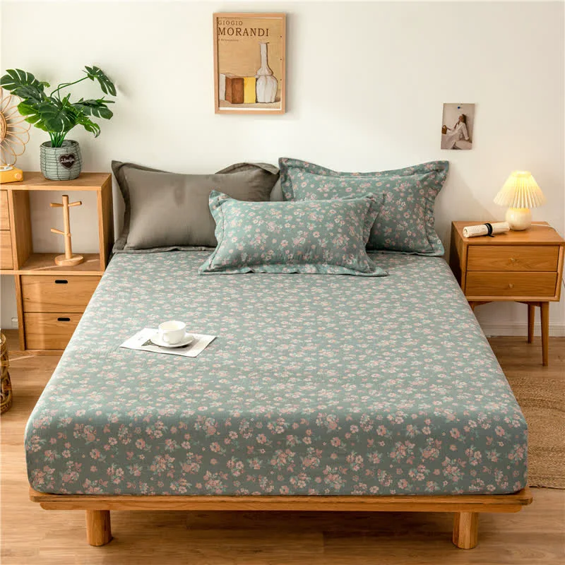Carefully Designed Floral Double Layer Cotton Gauze Fitted Sheet Solid