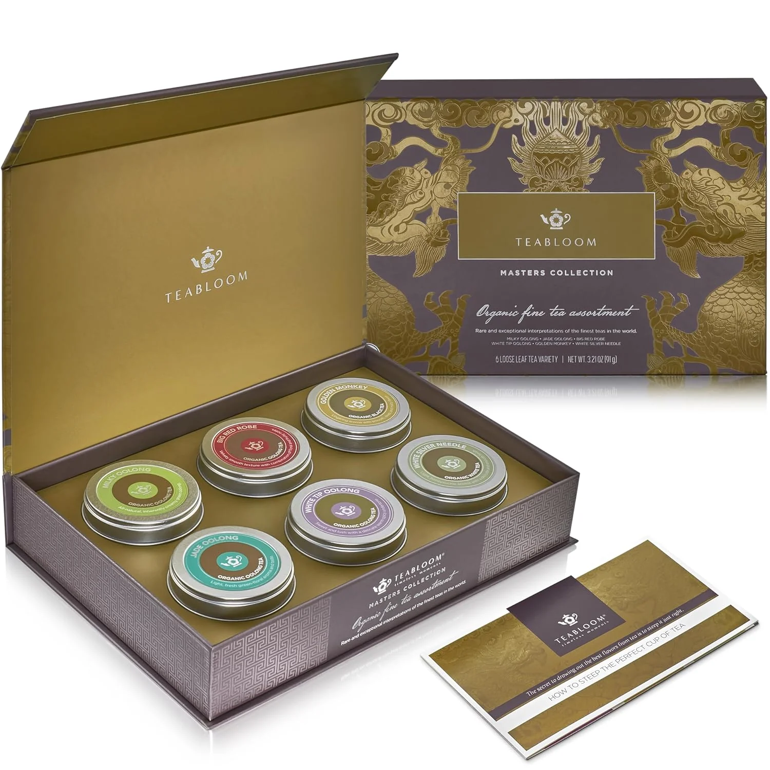 Environmentally Friendly Teabloom Masters Collection – Six Rare Single-Origin Organic Loose Leaf Teas – Milky Oolong White Silver Needle Big Red Robe Golden Monkey Unique