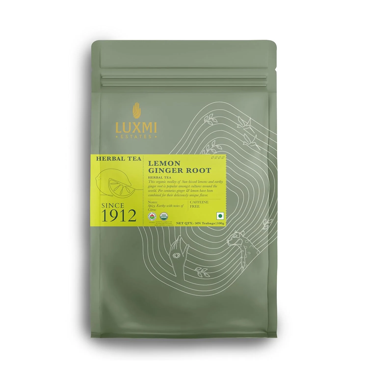 Dependable Luxmi Estates Organic Lemon Ginger Tea 50 Tea Bags Lemon Peel Ginger Lemongrass and Licorice for sore throat aids digestion help with Nausea Eco-Friendly