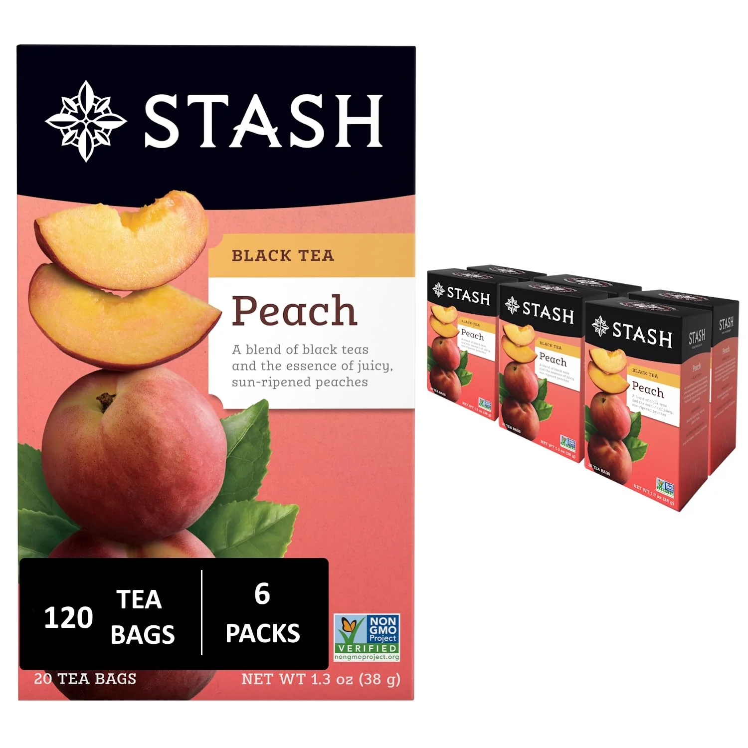 Luxury Stash Tea Peach Black Tea 6 Boxes With 20 Tea Bags Each 120 Tea Bags Total Solid