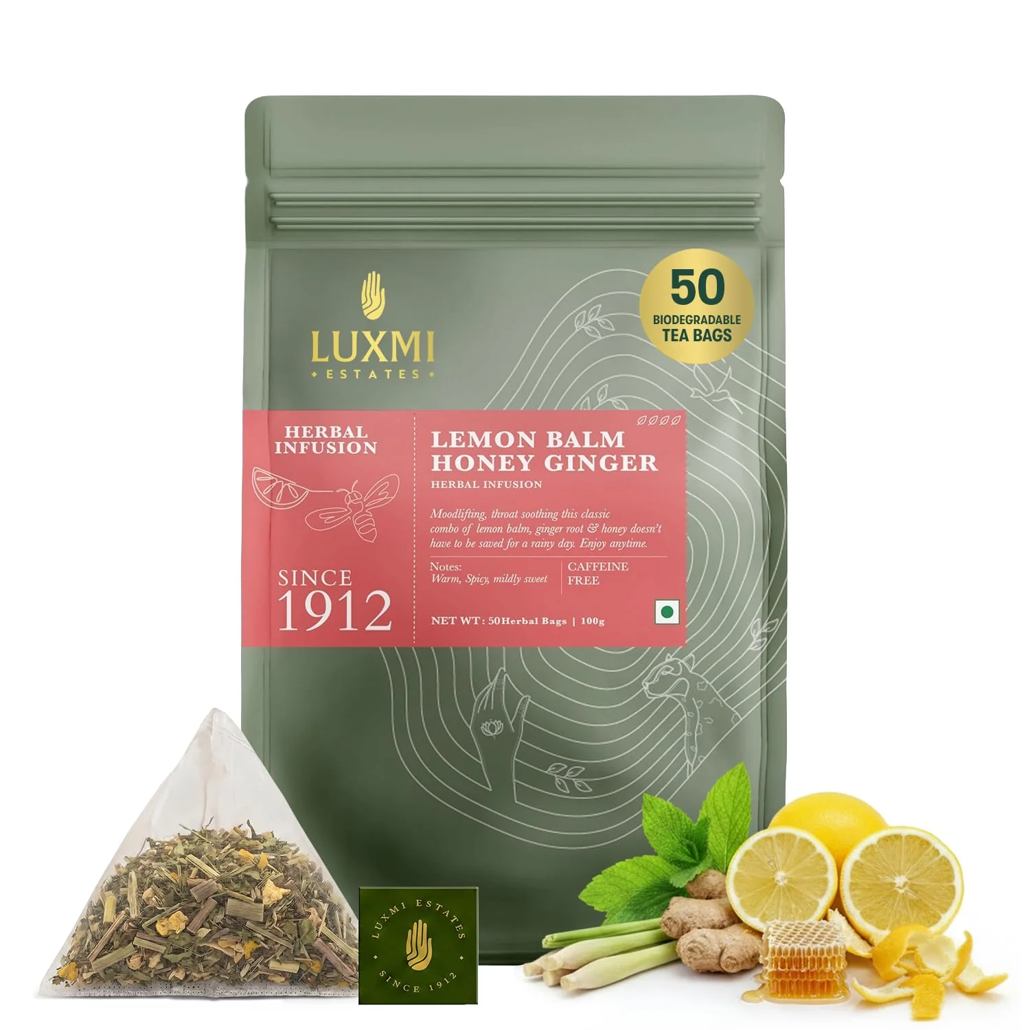 Optimized Luxmi Estates Lemon Balm Honey Ginger Herbal Tea 50 Pyramid Tea Bags 100g 3.5oz Caffeine- Calming Blend with Lemon Balm Ginger Lemongrass Lemon Peel amp Natural Honey Flavor Vegan Expertly Made