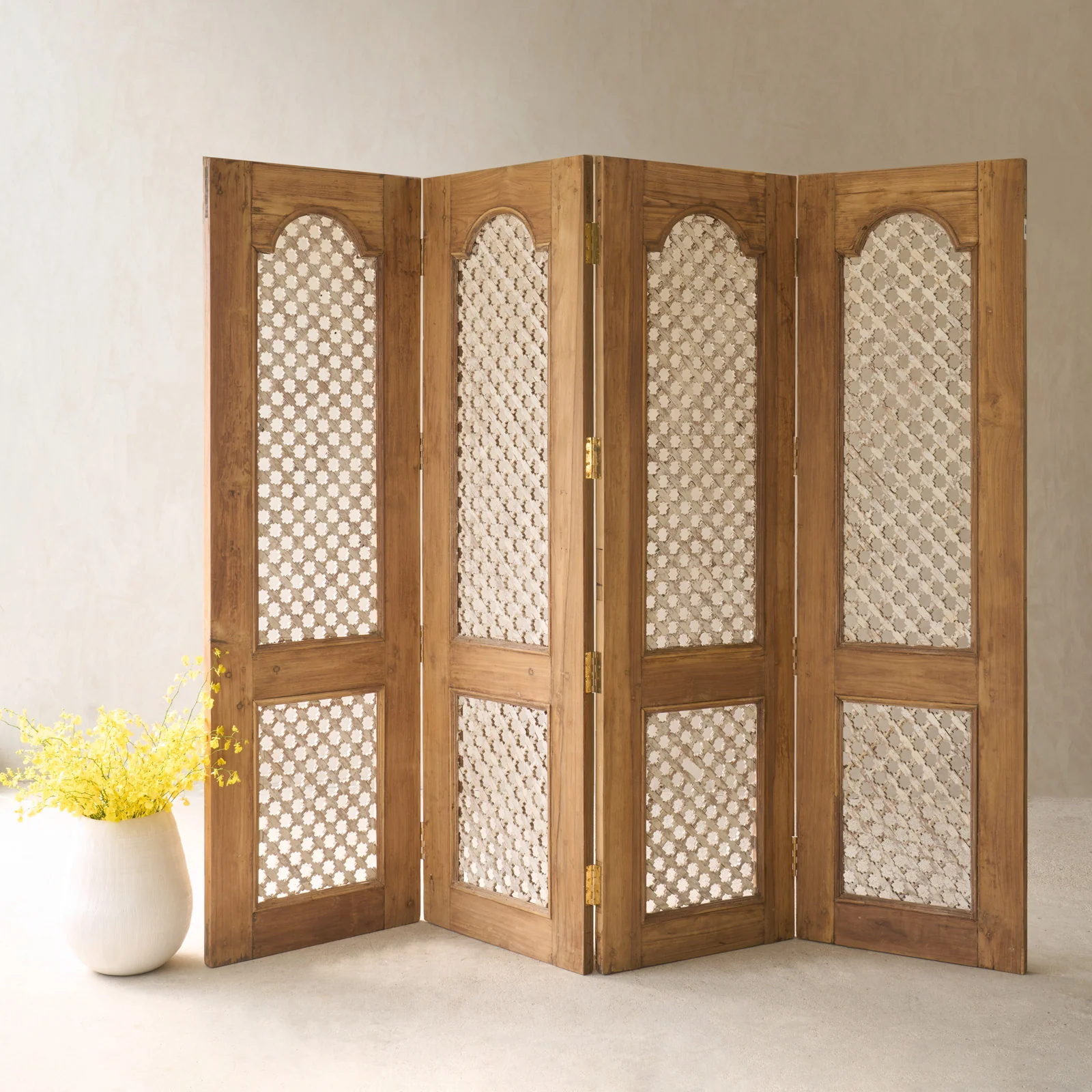 Vintage Jali Room Divider 4 Panels - Natural Solid