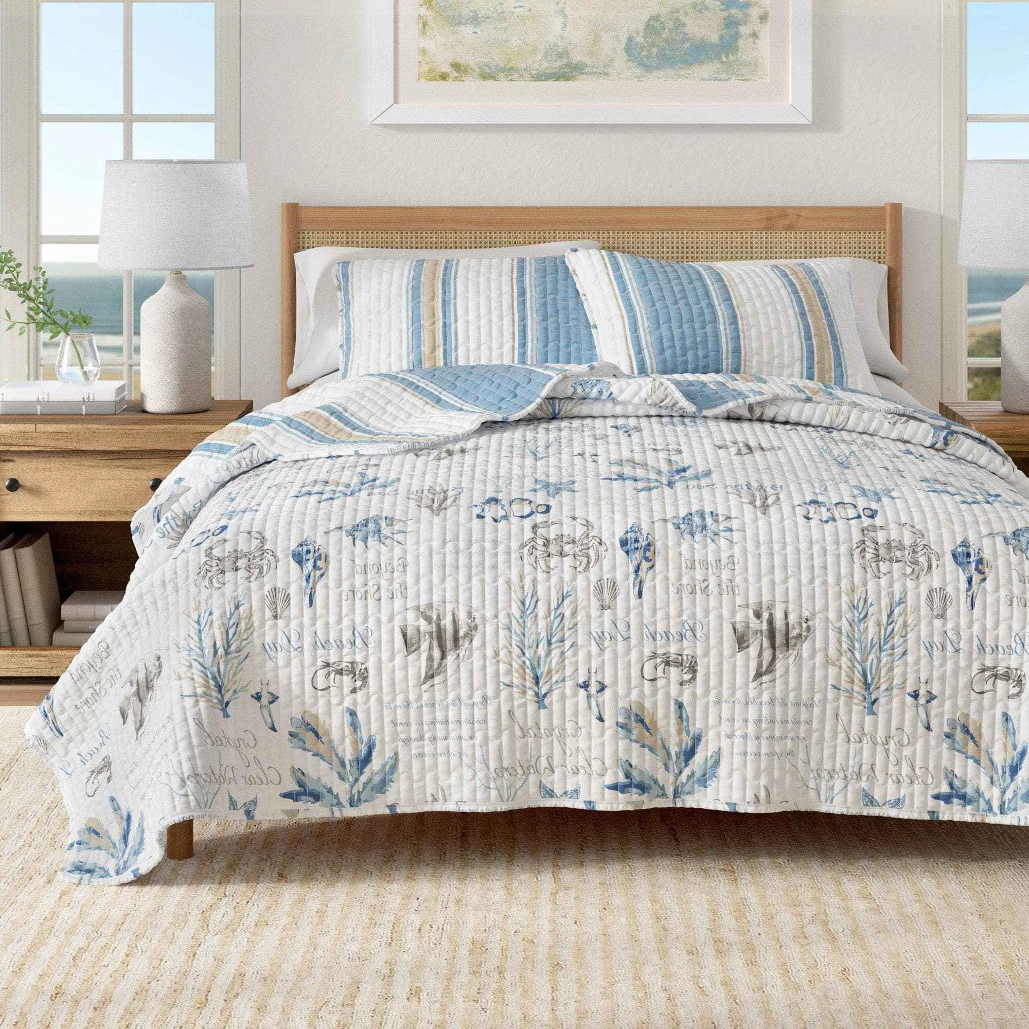 Carefully Designed Stripe Ocean Story Coastal Quilt Set – New Castle Collection Soft