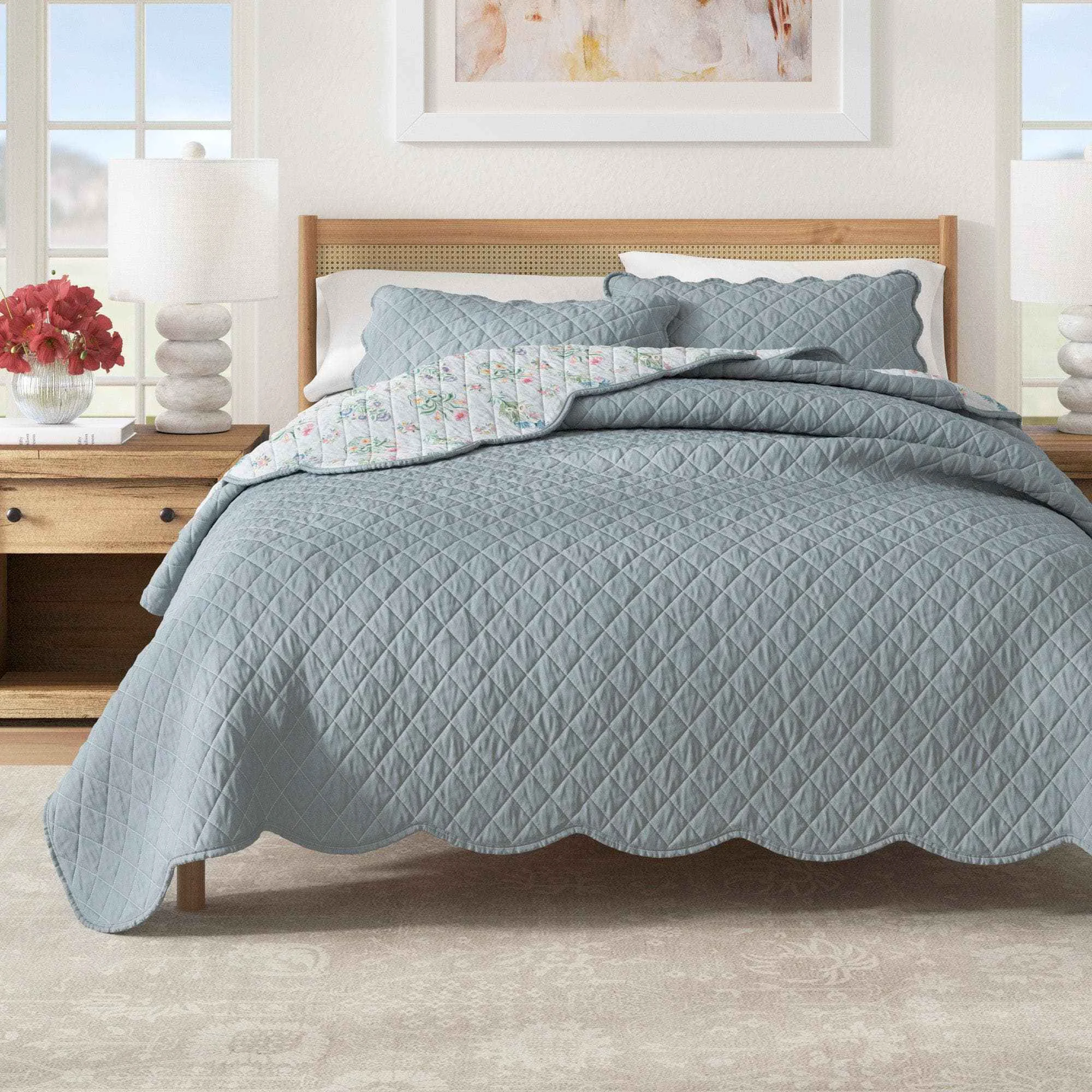 Crafted Floral Print Scallopeded Edge Cotton Quilt Set – Katrin Collection Official