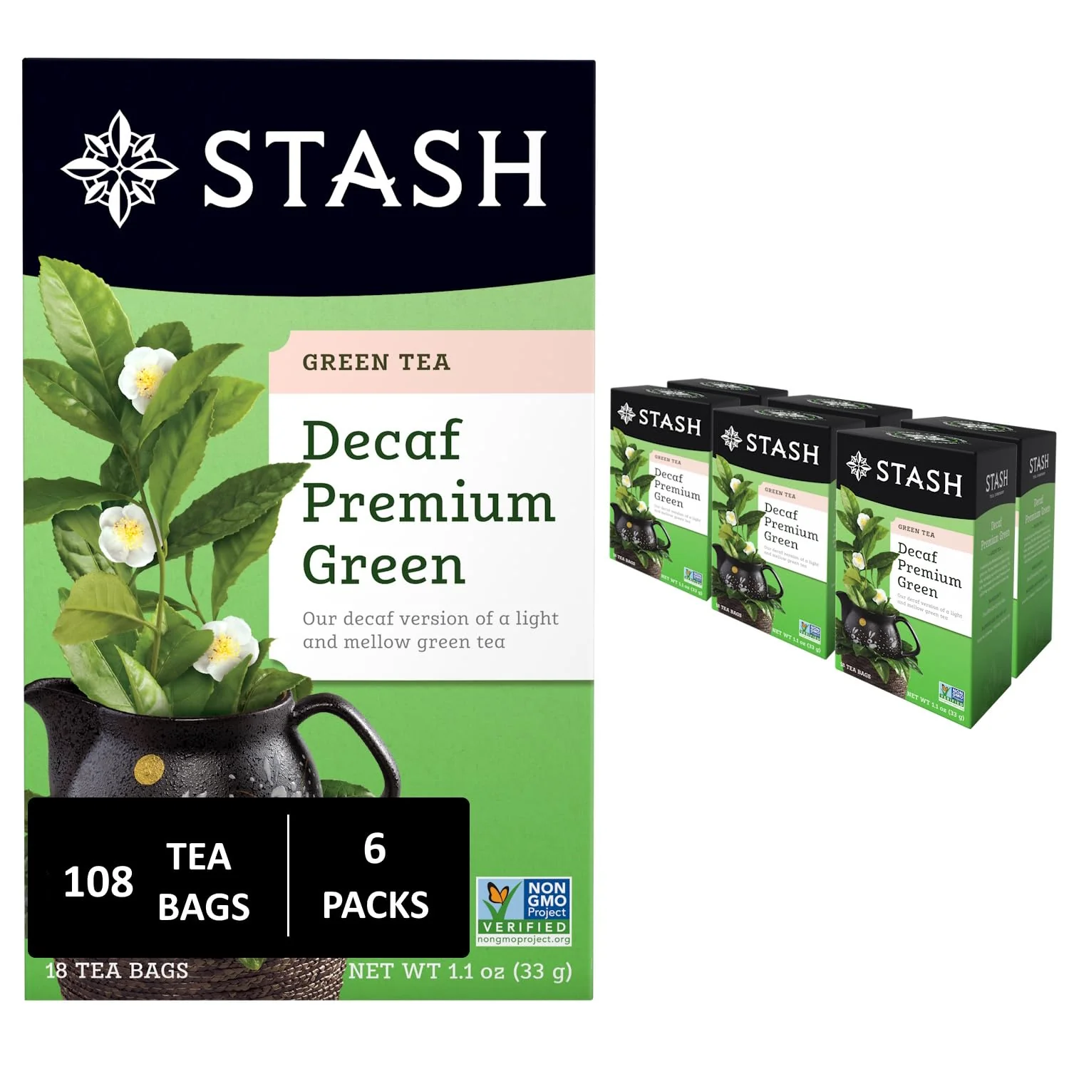 Stylish Stash Tea Decaf Premium Green Tea – Decaf Non-GMO Project Premium Tea with No Artificial Ingredients 18 Count Pack of 6 – 108 Bags Total Selected