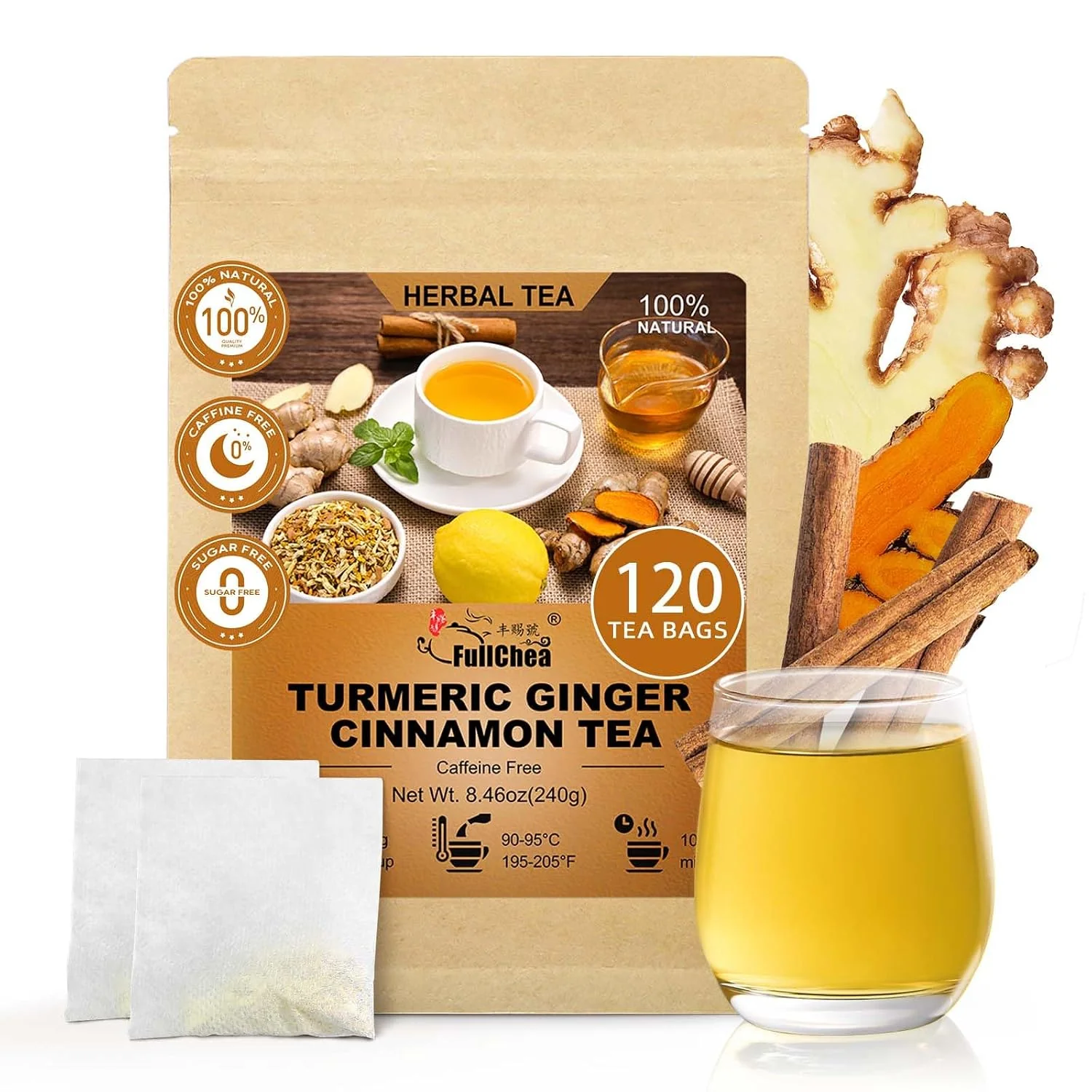 Certified FullChea – Turmeric Ginger Cinnamon Tea Bags 120 Count Dried Herbal Blend Pure turmeric ginger cinnamon herbal tea naturally rich in antioxidants Non-GMO caffeine- and easy to brew hot or iced High-Performance