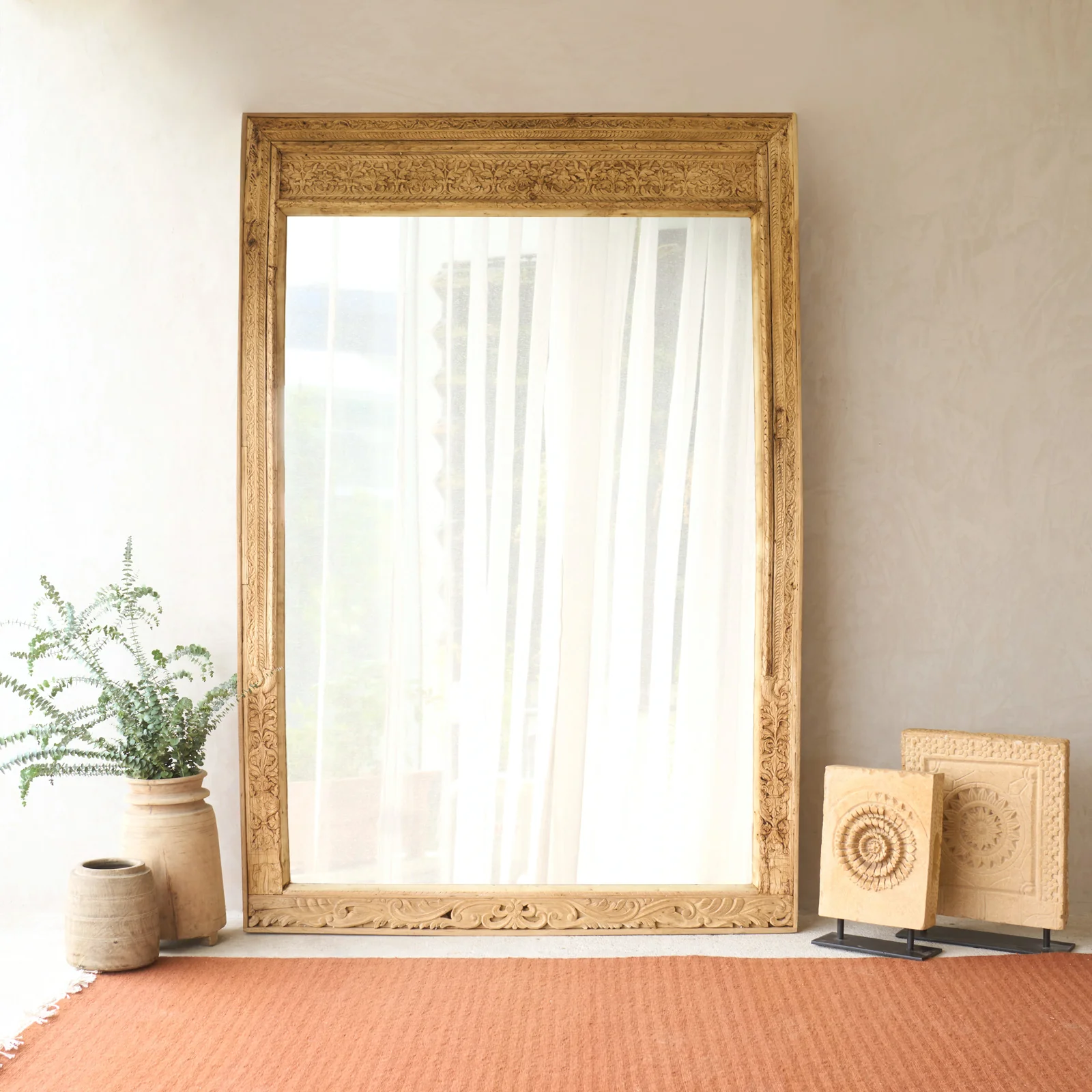 Exceptional Vintage Teak Carved Mirror Natural No. 3 Original