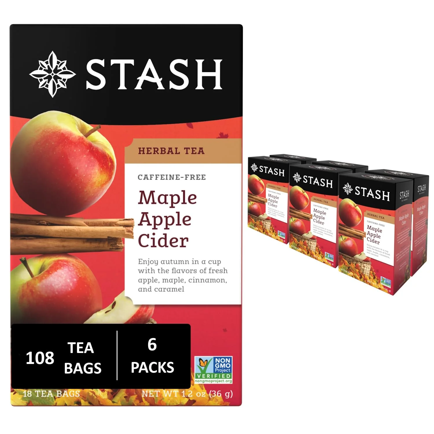 Efficient Stash Tea Maple Apple Cider Herbal Tea – Naturally Caffeine Non-GMO Project Premium Tea with No Artificial Ingredients 18 Count Pack of 6 – 108 Bags Total Powerful