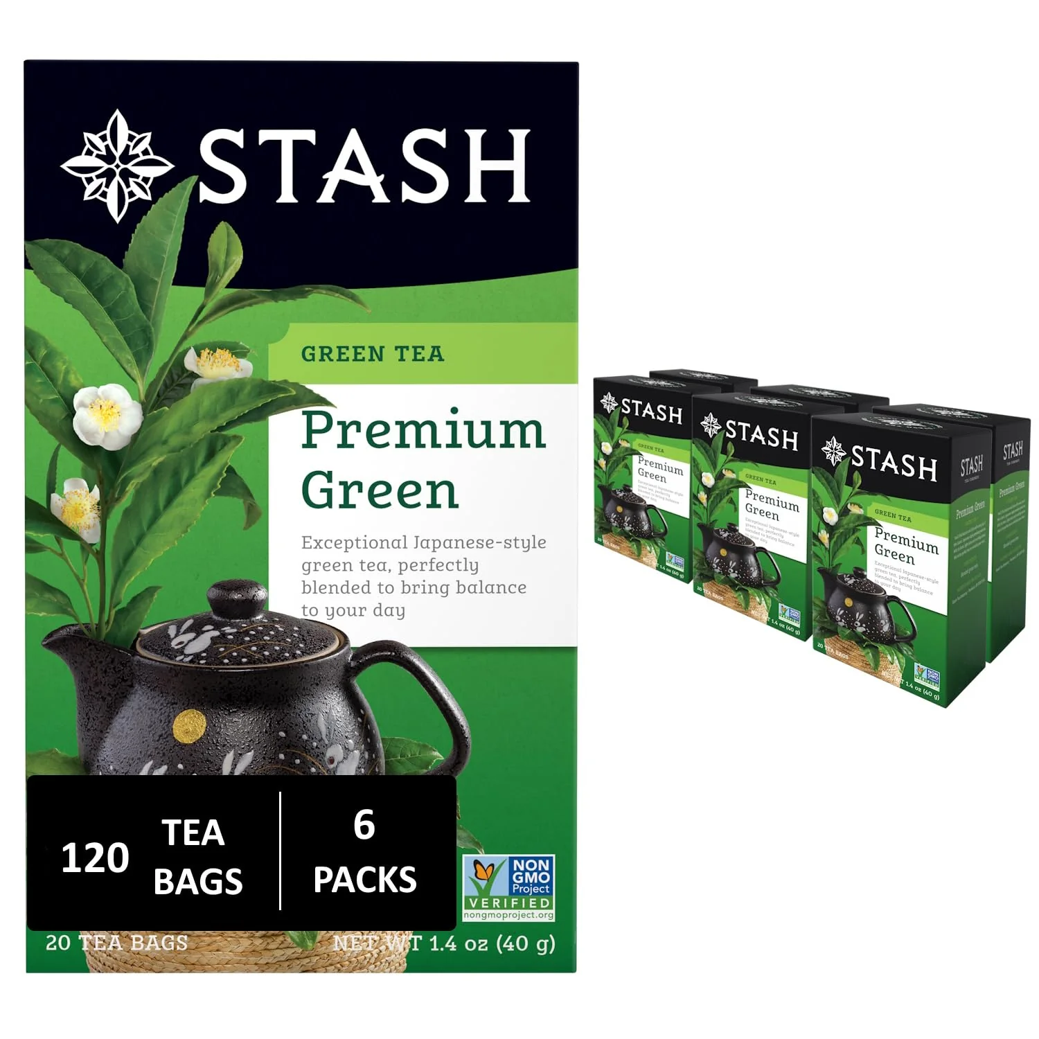 Proven Stash Tea Premium Green Tea 20 Count Box of Tea Bags in Foil Pack of 6 Modern