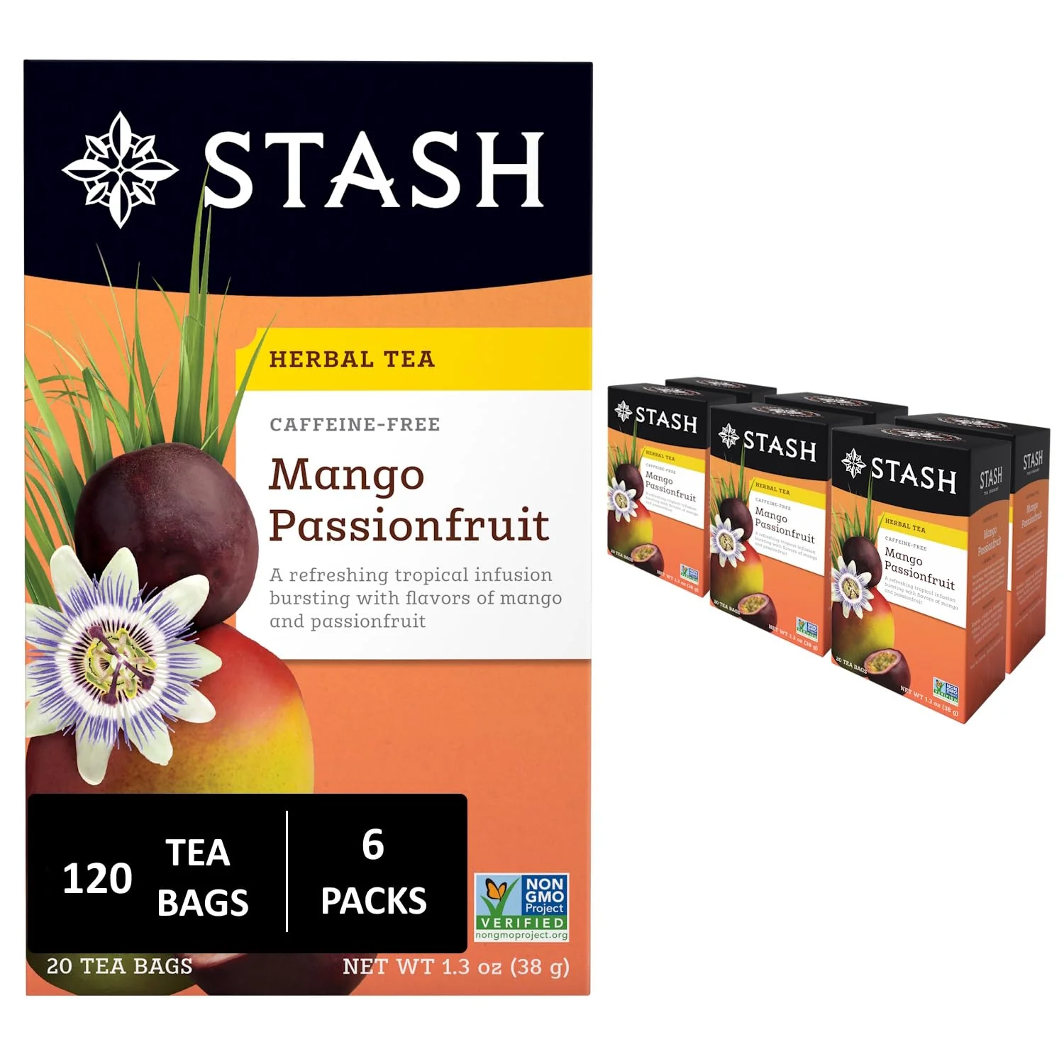 High-Performance Stash Tea Mango Passionfruit Herbal Tea – Naturally Caffeine Non-GMO Project Premium Tea with No Artificial Ingredients 20 Count Pack of 6 – 120 Bags Total Fast