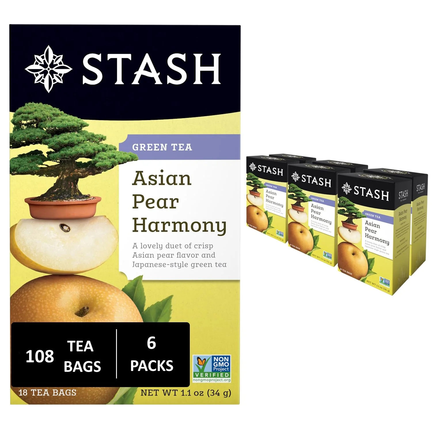 Refined Stash Tea Asian Pear Harmony Green Tea – Caffeinated Non-GMO Project Premium Tea with No Artificial Ingredients 18 Count Pack of 6 – 108 Bags Total Prestigious