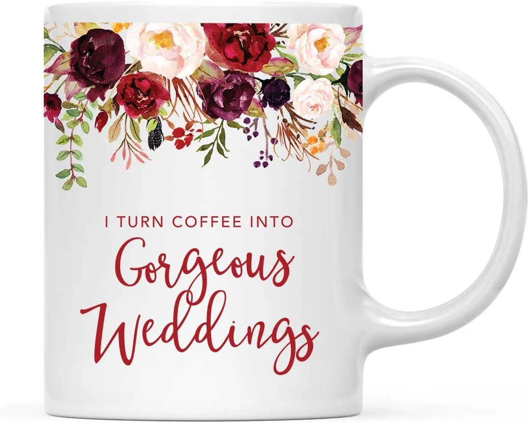 Detailed Andaz Press 11oz. Wedding Ceramic Coffee Tea Mug Gift for Wedding Planner Fall Autumn Marsala Burgundy Flowers Roses Florals Green