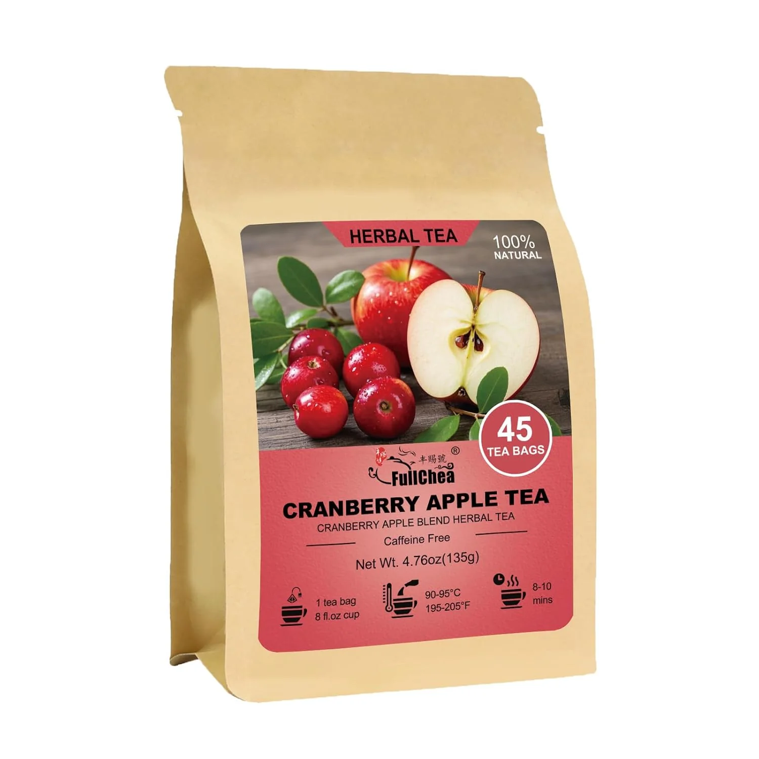 Quality FullChea Cranberry Apple Tea Bags 45 Counts Fruit Herbal Blend Non-GMO Blended With Apple Hibiscus Rose amp Licorice Naturally Sweet Tart Taste Caffeine- Wellness Support Certified