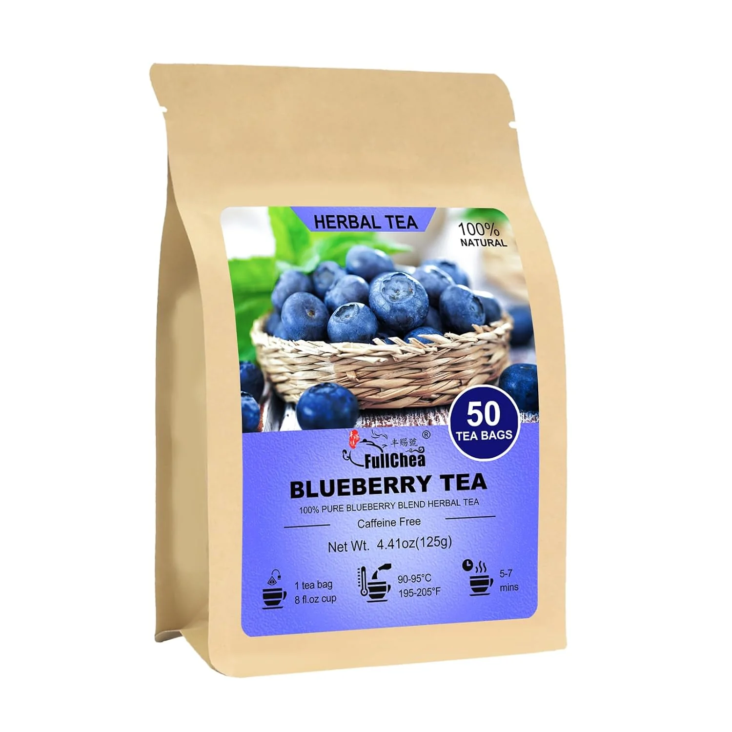 Certified FullChea – Blueberry Tea Bags 50 Count Fruit Blend Herbal Tea Blueberry blend with hibiscus raisins and mint leaves rich in natural goodness with a delightful fruity taste Modern
