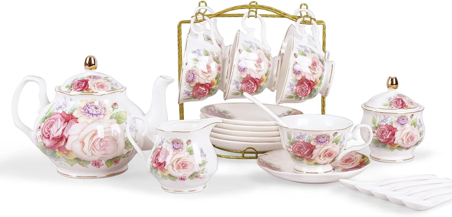 High-End fanquare European Porcelain Coffee Set Pink Women Tea Set Bone China Tea Set Vintage Floral Coffee Tea Pot with Cups Responsible