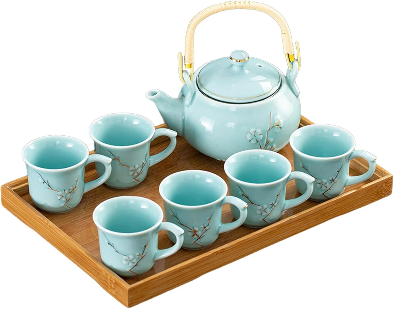 Trendy Keyduacu Japanese Tea Set Celadon Ceramic Tea Set Plum Blossom Embossed Includes 1 Teapot 6 Anti-scald Teacups Tea Tray Strainer Home Outdoor Sophisticated