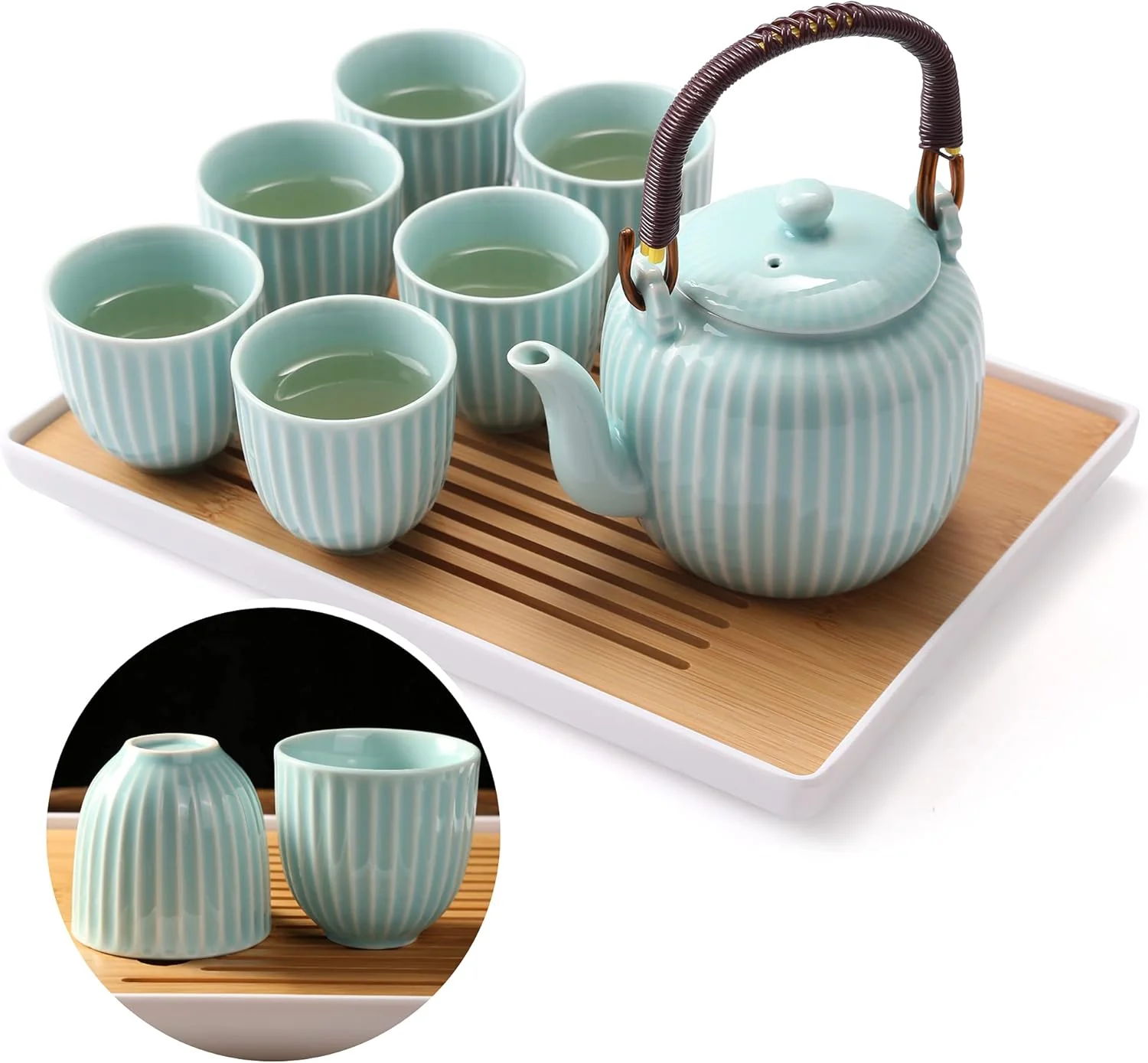 Functional Dujust Japanese Tea Set Cyan-blue Porcelain Tea Set with 1 Teapot Set 6 Tea Cups 1 Tea Tray 1 Stainless Infuser Innovative