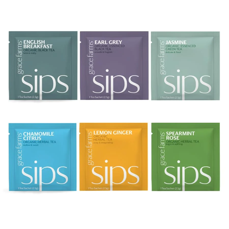 Superior Grace Farms Tea Variety 108 Count Envelopes Black Green and Herbal Individually Wrapped Tea Bags 6 flavors × 18 each Fair Trade USDA Organic Fine
