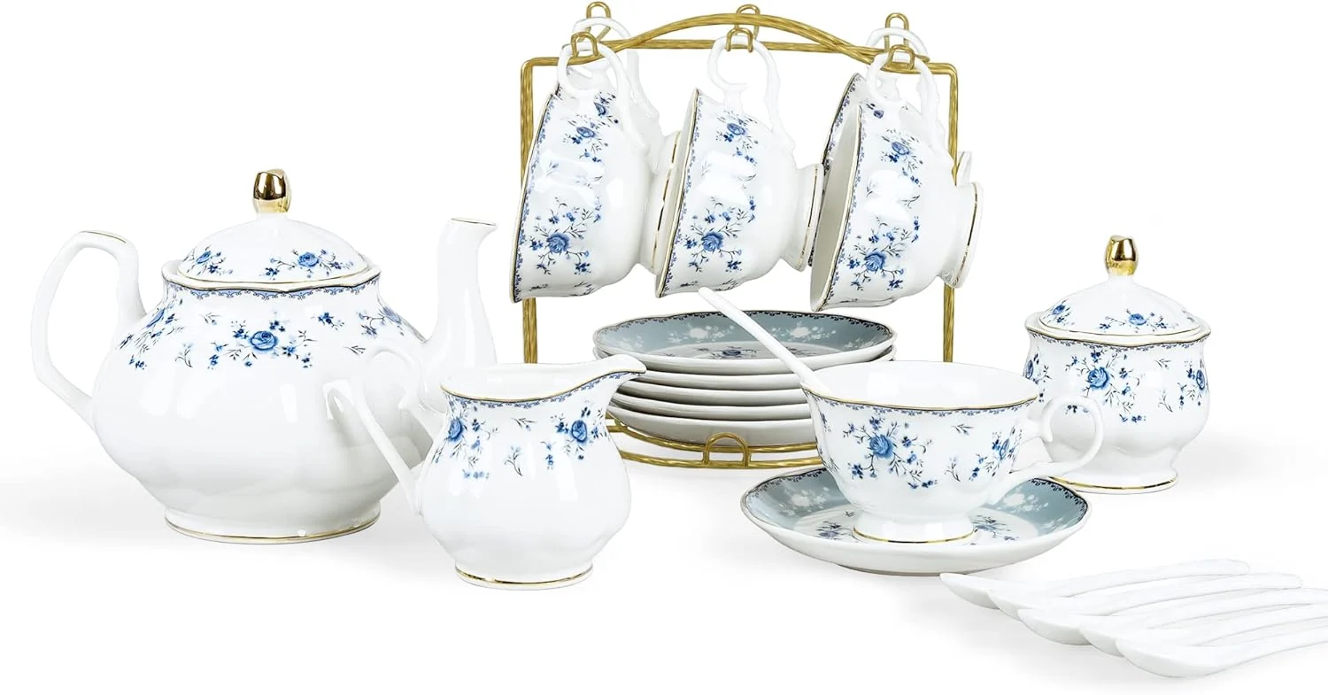 Next-Generation fanquare 15 Piece Blue Rose Porcelain Tea Set British Floral Teapot with Tea Cups Women Tea Party Set for 6 High-Quality