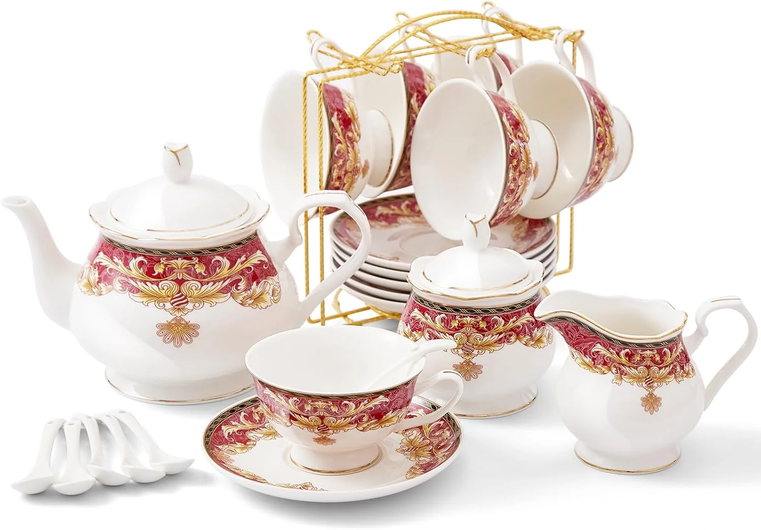 Modern Dujust 22 pcs Royal Vintage Porcelain Tea Set for 6 Luxury British Tea Sets for Adults with Red Patterns Golden Trim High-Grade