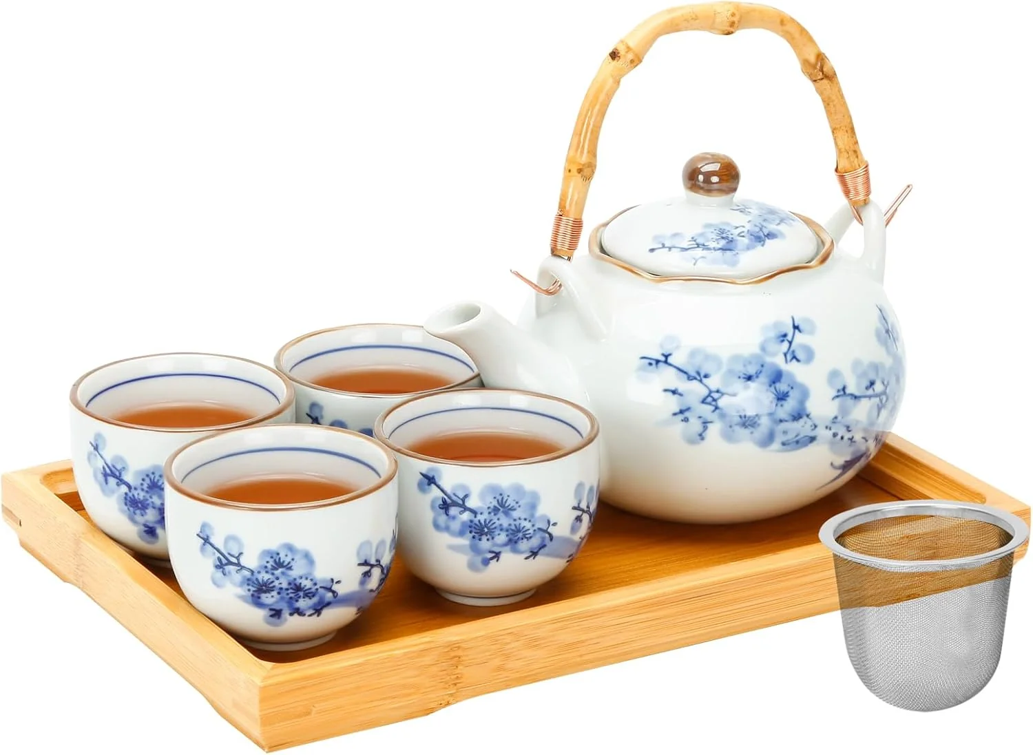 Convenient Japanese Tea Set Porcelain Tea Set with Teapot and Tea Cup Set for 4 Blue and White Tea Sets for Adults with Stainless Infuser and Bamboo Tray Verified