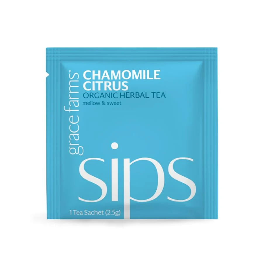 Recyclable Grace Farms Organic Chamomile Citrus Herbal Tea 100 Enveloped Pyramid Sachets w String Tag Naturally Sweet Healthy and Caffeine Organic Modern