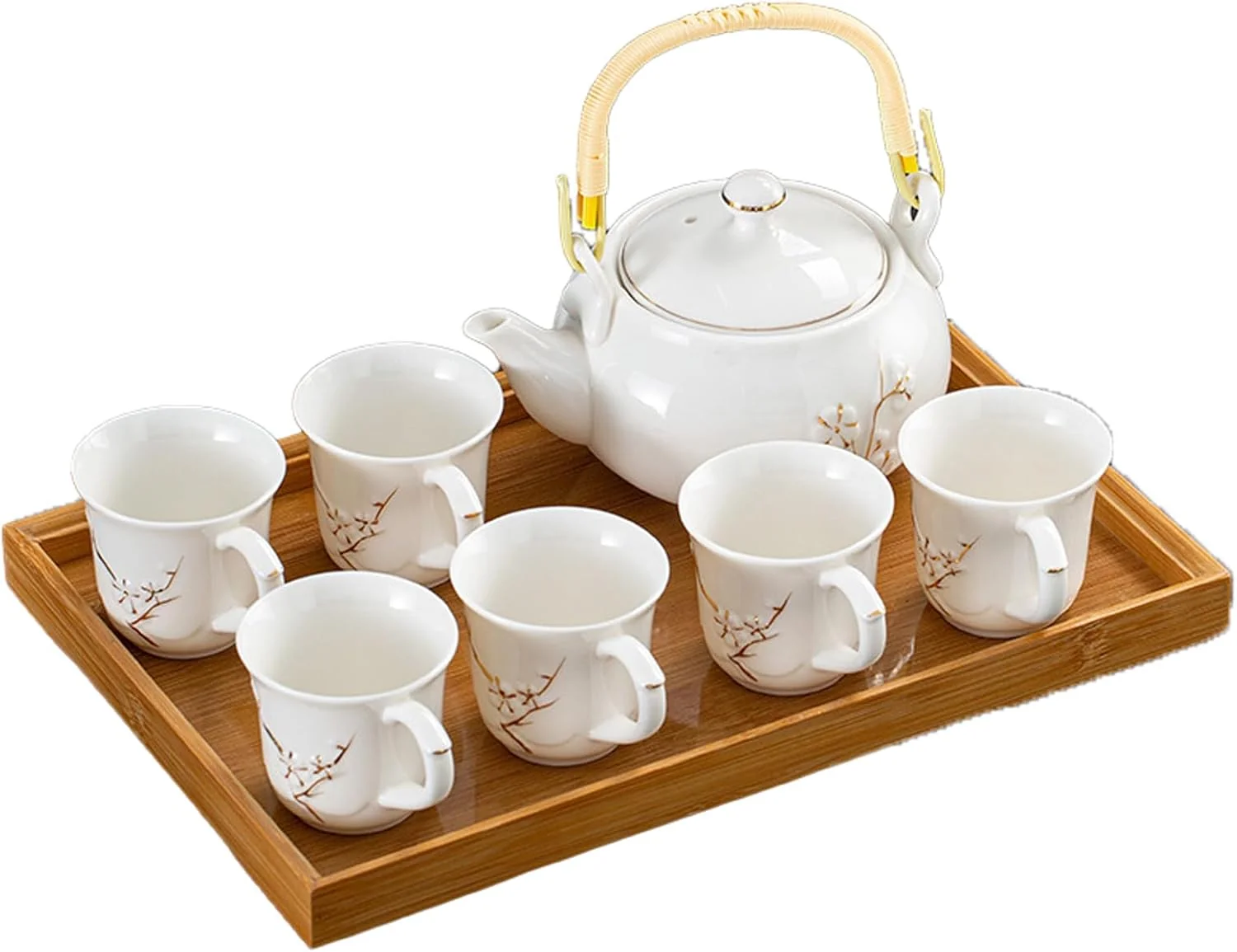Premium Keyduacu Japanese Tea Set White Ceramic Tea Set Plum Blossom Embossed Includes 1 Teapot 6 Anti-scald Teacups Tea Tray Strainer Used for Home Sophisticated