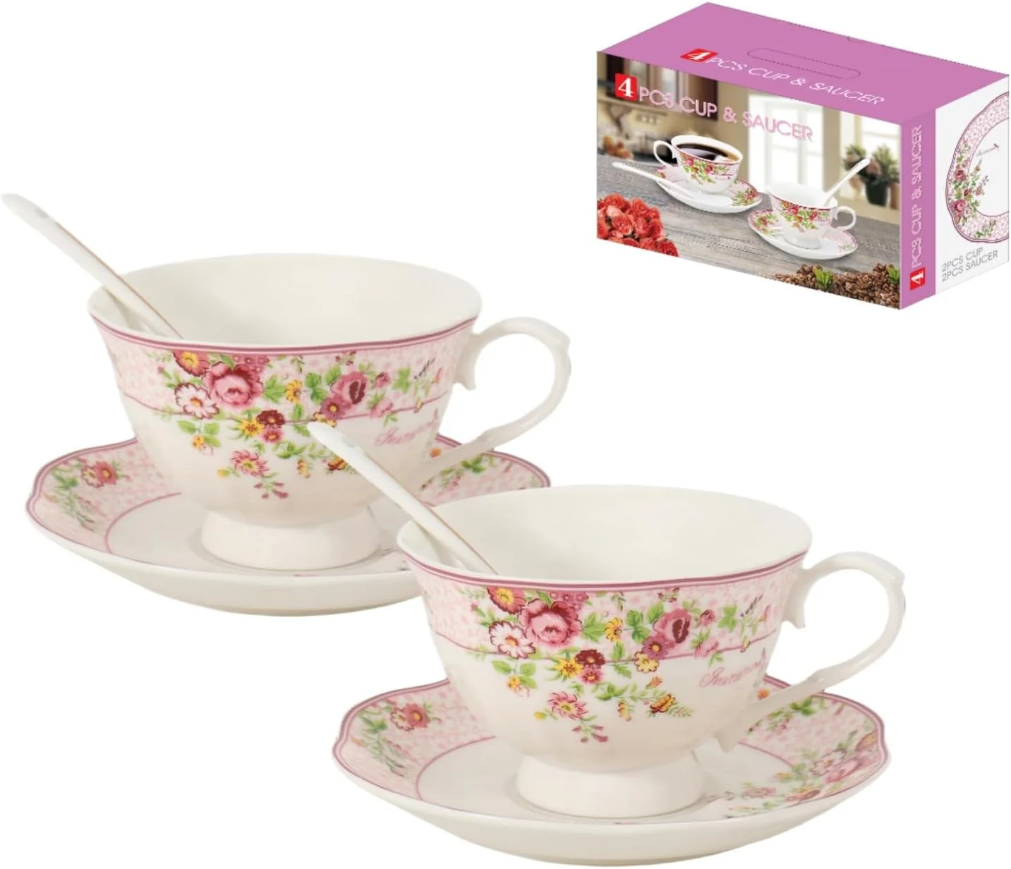 Crafted Cup and Saucer Sets of 2 with Spoon 8oz Large Tea Coffee Cups and Saucers New Bone China Floral Vintage Cup Saucer Sets Porcelain Tea Latte Mugs Smart