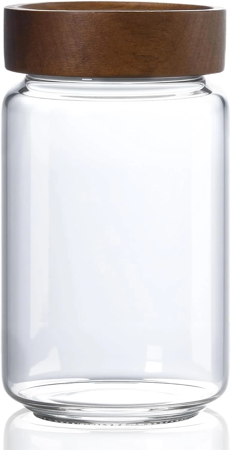 Genuine 24 fl oz 710 ml Glass Jar with Airtight Wooden Screw Top Lid Clear Stackable Food Storage Canister Medium Cute Decorative Glass Container for Coffee Candy Cookie Sugar Oatmeal Spice Proven