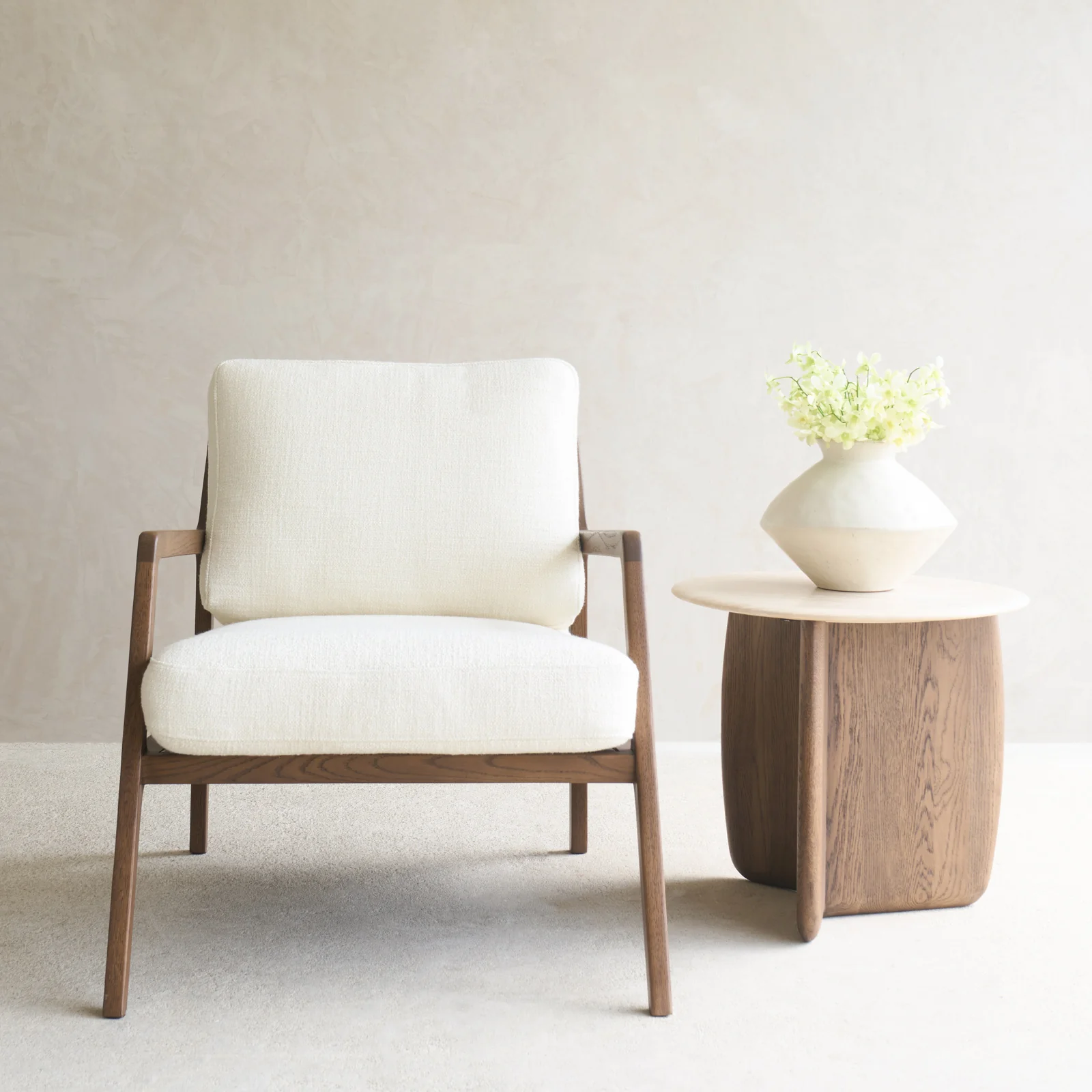 Contemporary Nysse Fabric Armchair Latte Oak Frame – Panna Cotta Solid