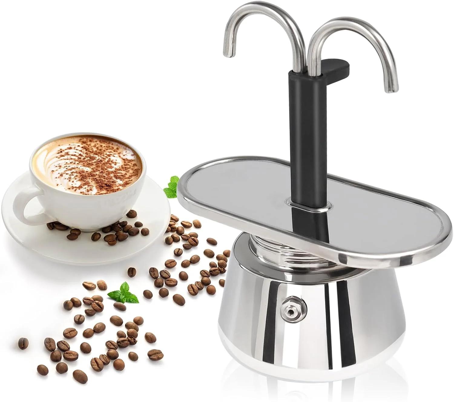 Convenient Uncoated 2 Cup Dual Pipe Moka Pot 304 Thickened Stainless Steel Mini Coffee Maker Stovetop Espresso Coffeemaker Italian Classic Style Brewing Greca Cafe Machine for Cafeteras Travel 150ml Clean