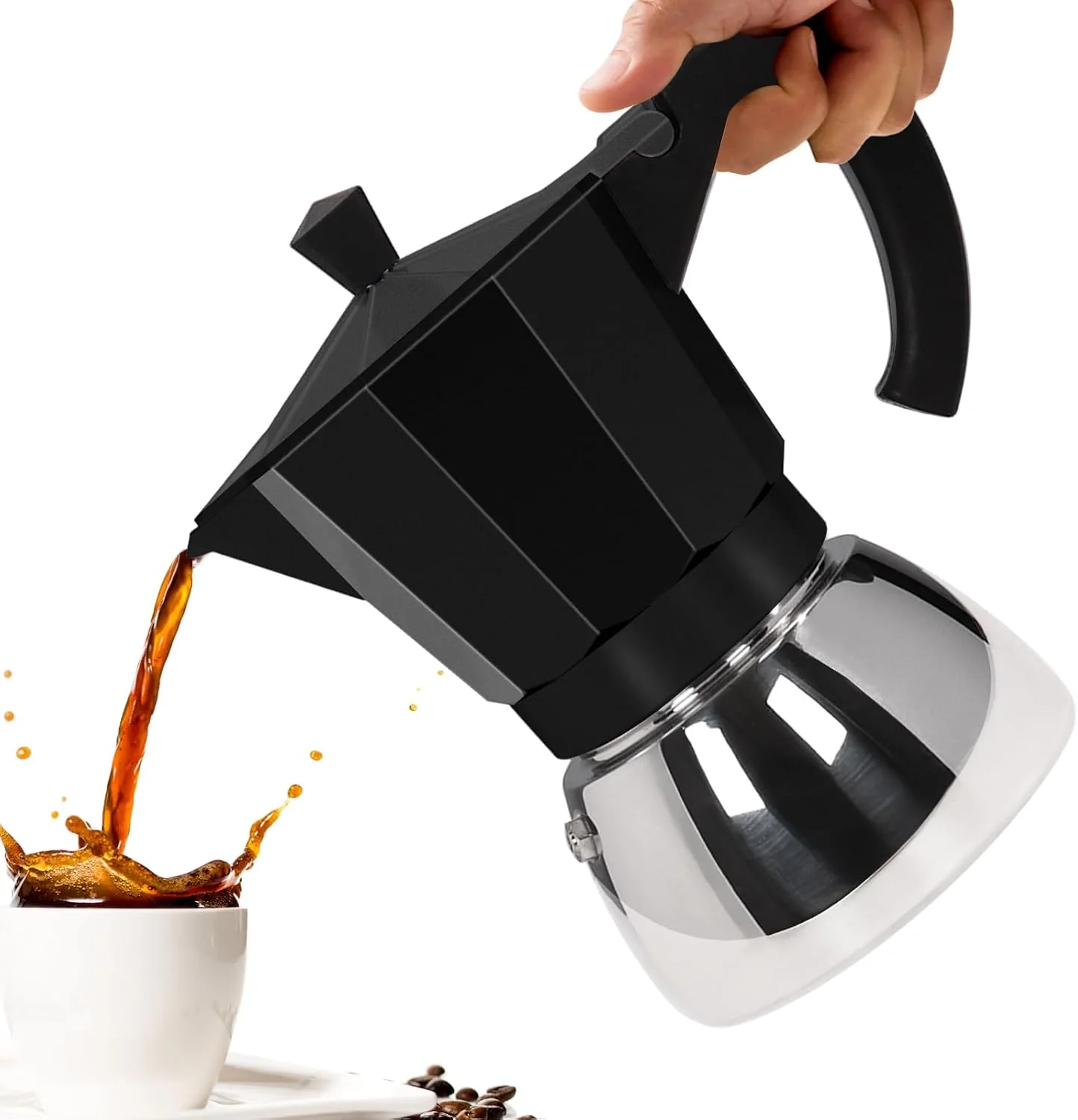 High-Performance No Coating 6 Cup Aluminum and Stainless Steel Moka Pot Stovetop Espresso Maker Italian Coffee Machine 350ml 11.84oz Suitable for Gas Induction Stovetop Greca Coffee Maker Black Luxury