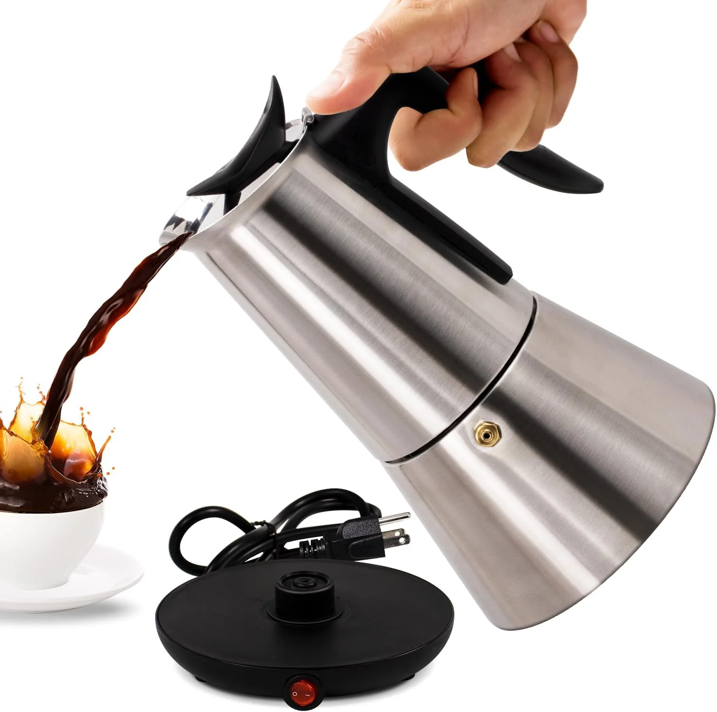 Breathable Electric Stainless Steel Moka Pot 6 Cup 300ml Mocha Pot Espresso Maker with Detachable Base I Coffee Maker for Home Italian and Cuban Café Coffee Verified
