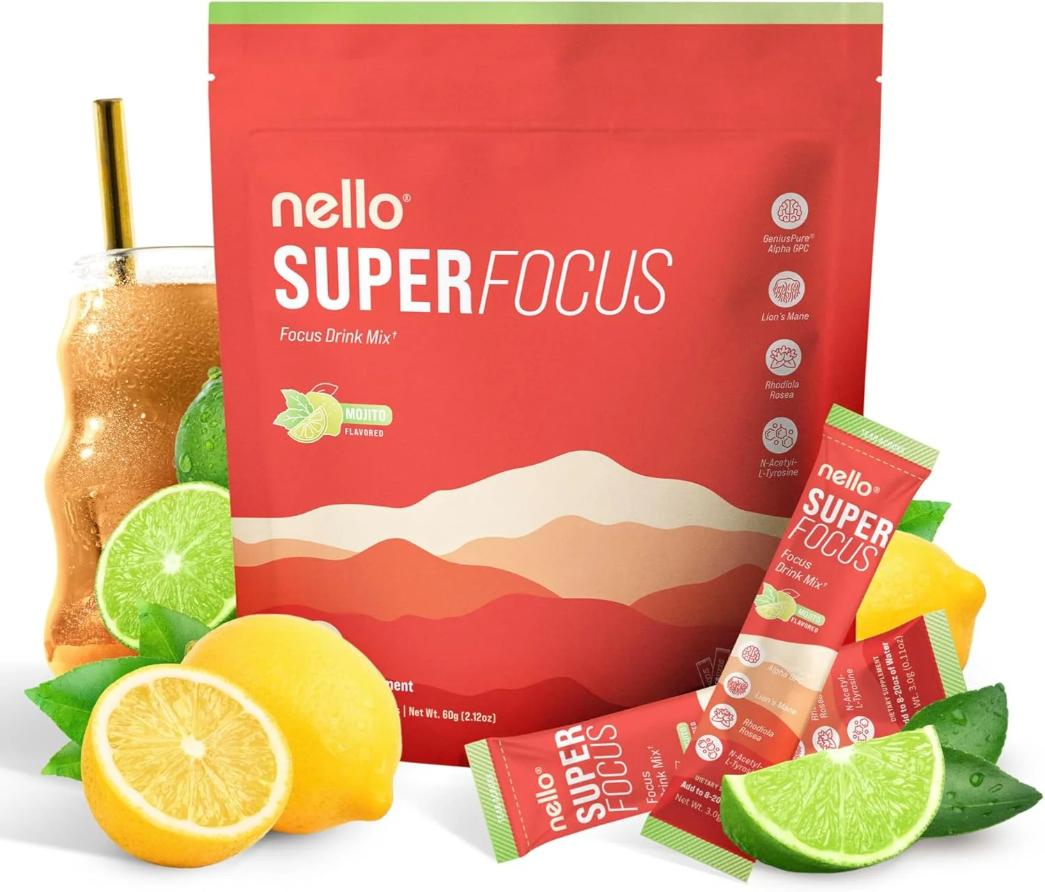 Reusable SuperFocus Mojito – Nootropic Focus Drink Mix 20 On-The-Go Packets Alpha GPC Lion s Mane Rhodiola Sugar- Exceptional