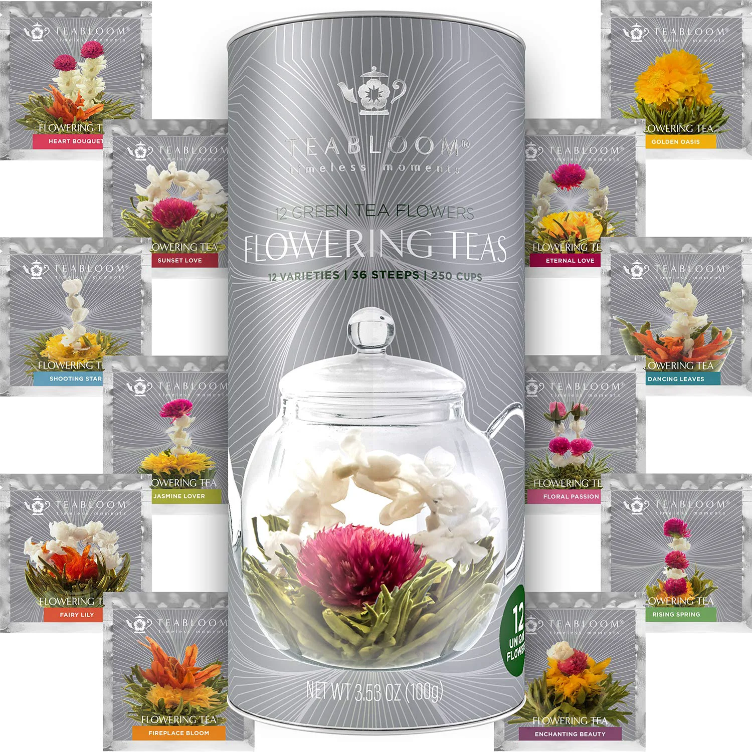 Excellent Teabloom Flowering Tea – 12 Unique Varieties of Blooming Tea Flowers – Hand-Tied Green Tea Leaves Edible Flowers – 12-Pack Gift Canister Optimized