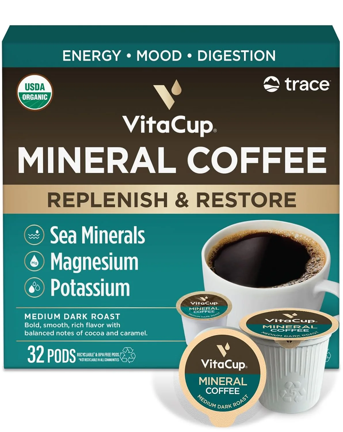 Recyclable VitaCup Mineral Medium Dark Roast Coffee Pods with Electrolytes 32ct Sea Minerals Fashionable
